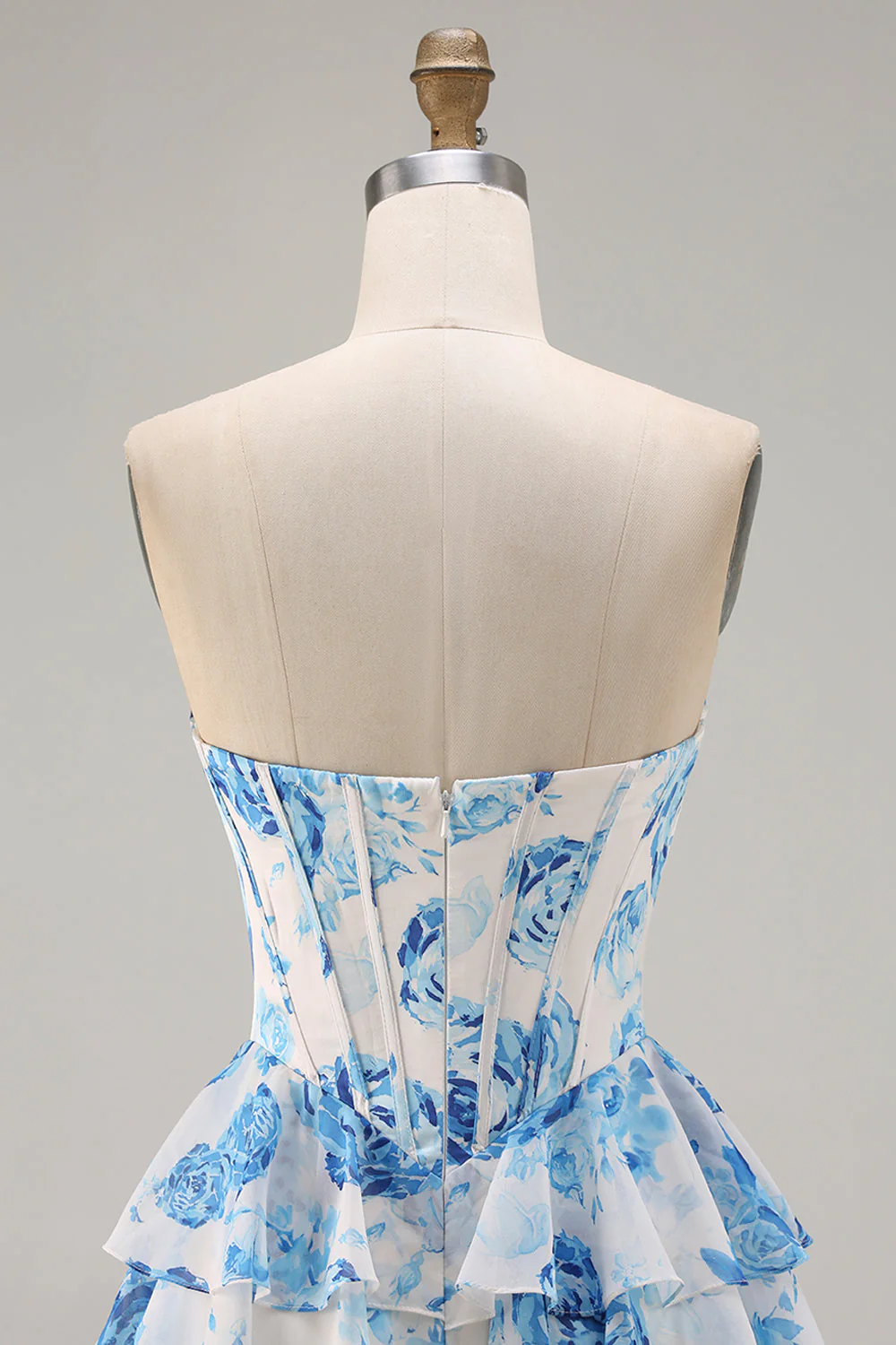 White Blue Floral Strapless A Line Corset Tiered Ruffle Long Prom Dress with Slit - Image 4