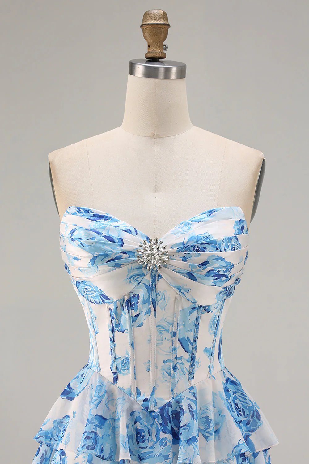 White Blue Floral Strapless A Line Corset Tiered Ruffle Long Prom Dress with Slit - Image 5