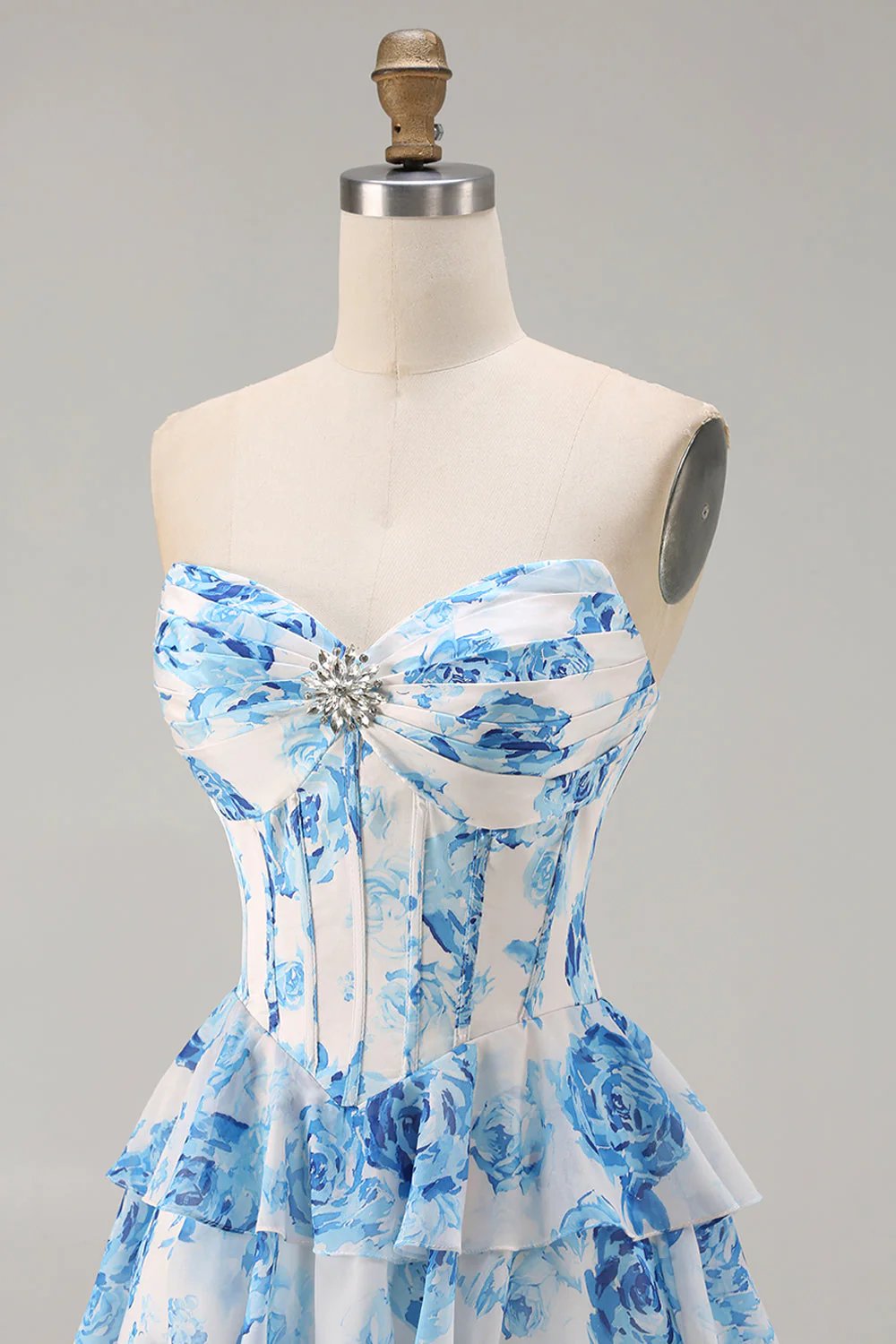 White Blue Floral Strapless A Line Corset Tiered Ruffle Long Prom Dress with Slit - Image 6