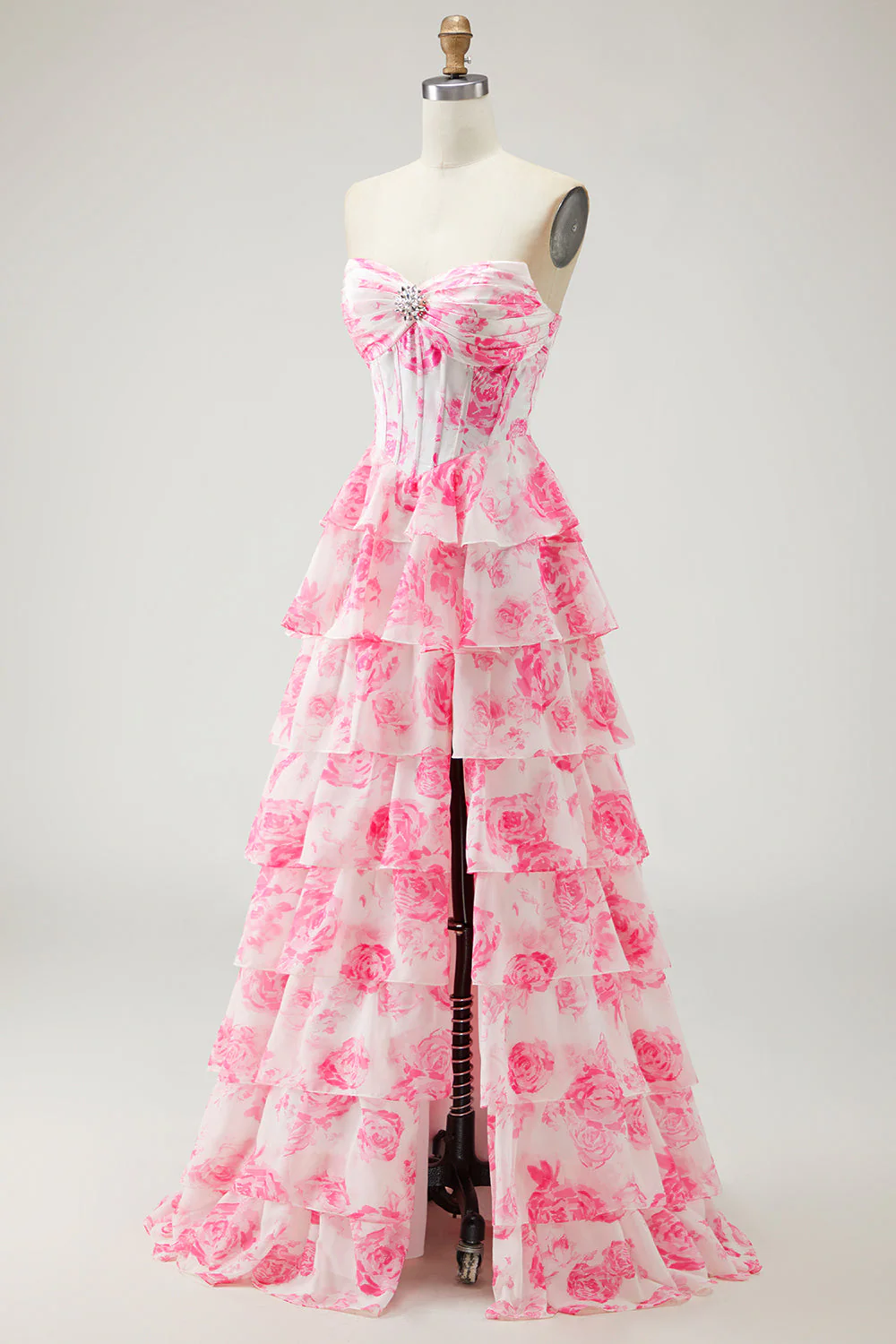 White Blue Floral Strapless A Line Corset Tiered Ruffle Long Prom Dress with Slit - Image 9