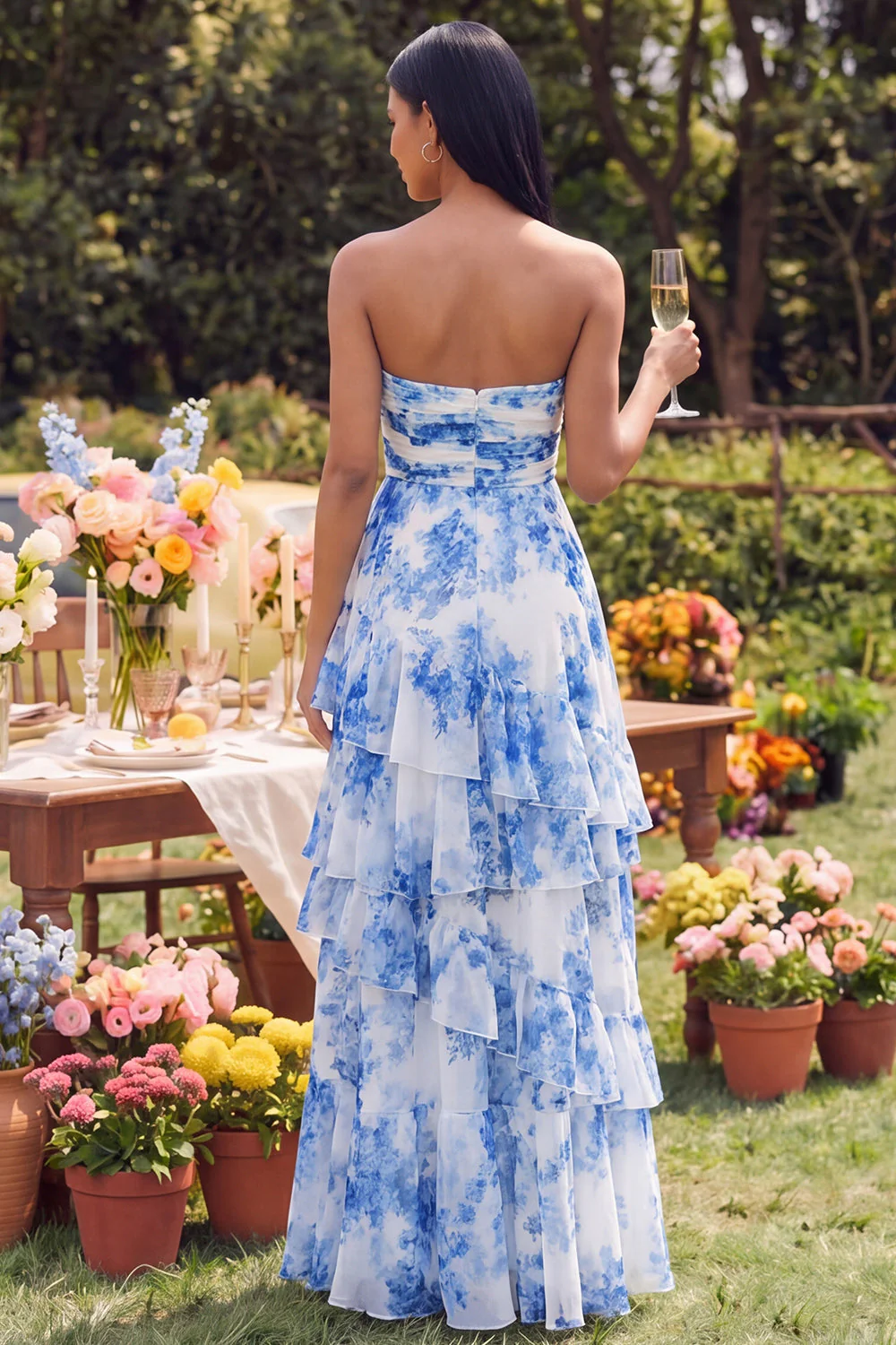 Strapless A Line Ruffled White Blue Floral Maxi Dress - Image 2