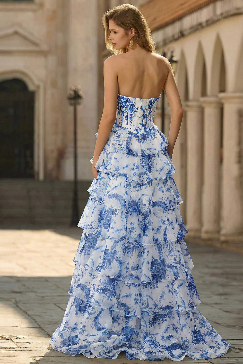 White Blue Flower A-Line Basque Waist Strapless Tiered Long Prom Dress with Slit - Image 2