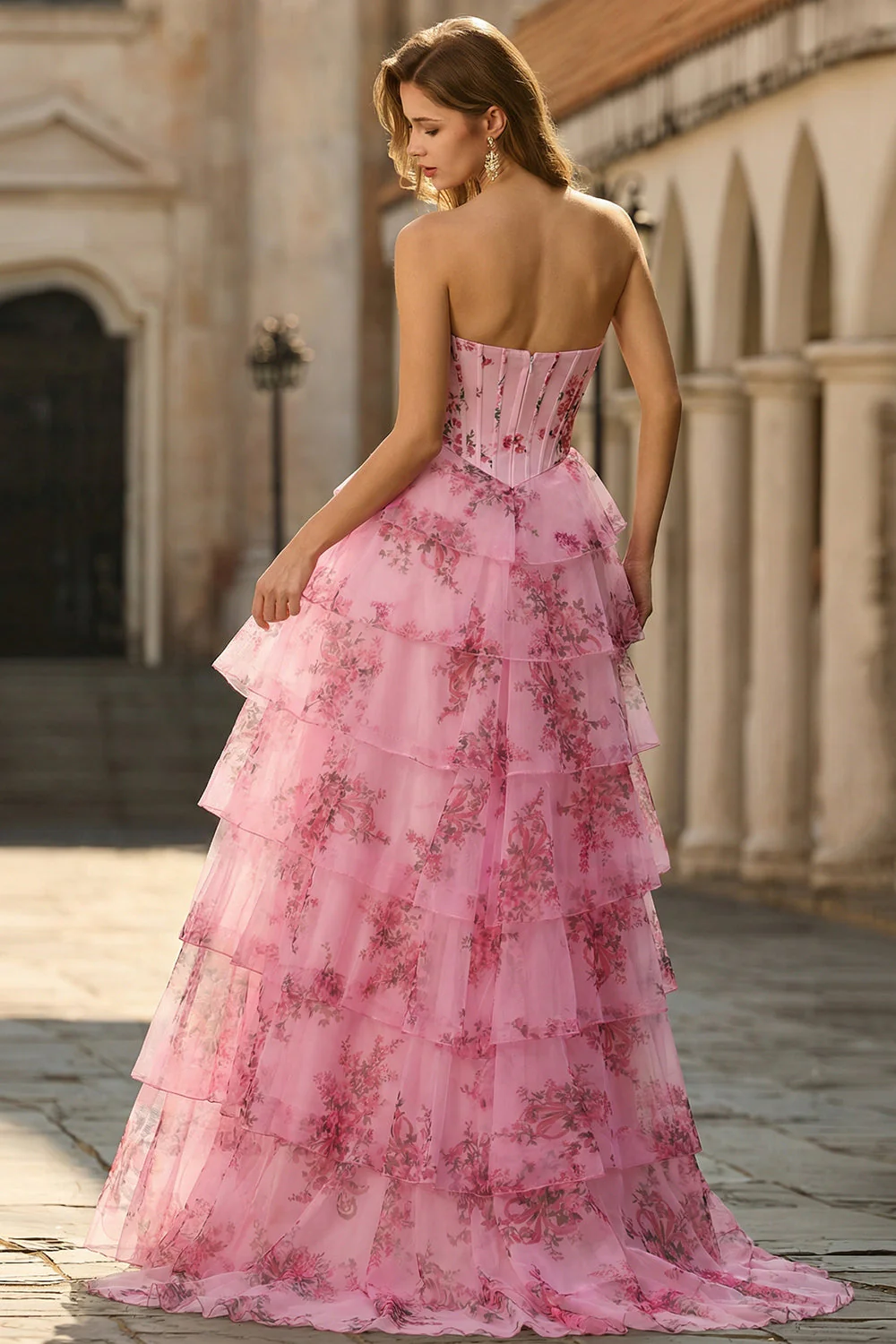 White Blue Flower A-Line Basque Waist Strapless Tiered Long Prom Dress with Slit - Image 6