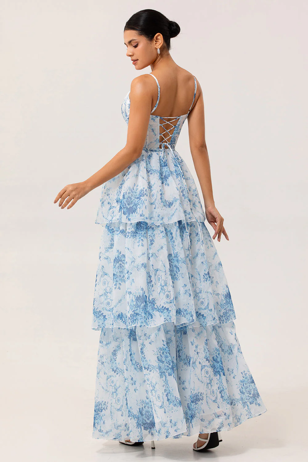 White Blue Flower A Line Printed Tiered Long Bridesmaid Dress with Slit - Image 2