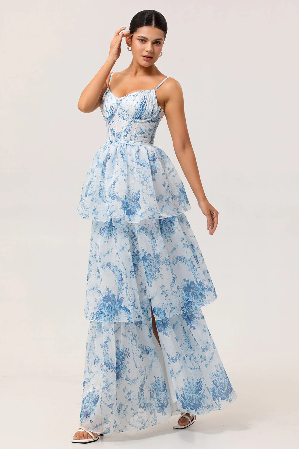 White Blue Flower A Line Printed Tiered Long Bridesmaid Dress with Slit - Image 3