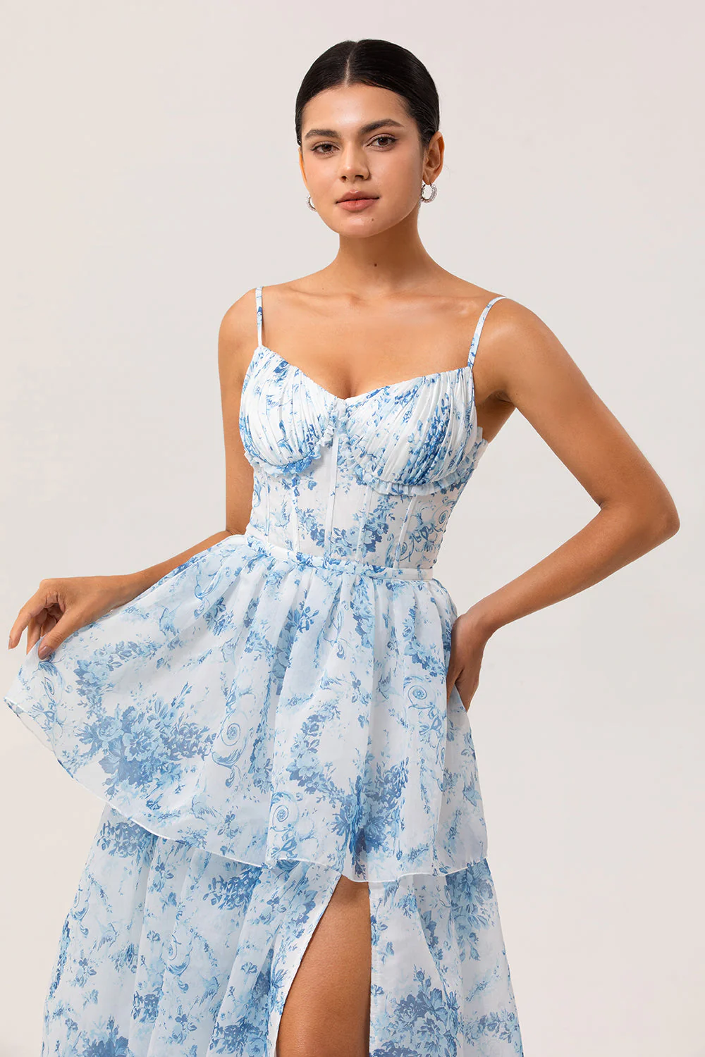 White Blue Flower A Line Printed Tiered Long Bridesmaid Dress with Slit - Image 4