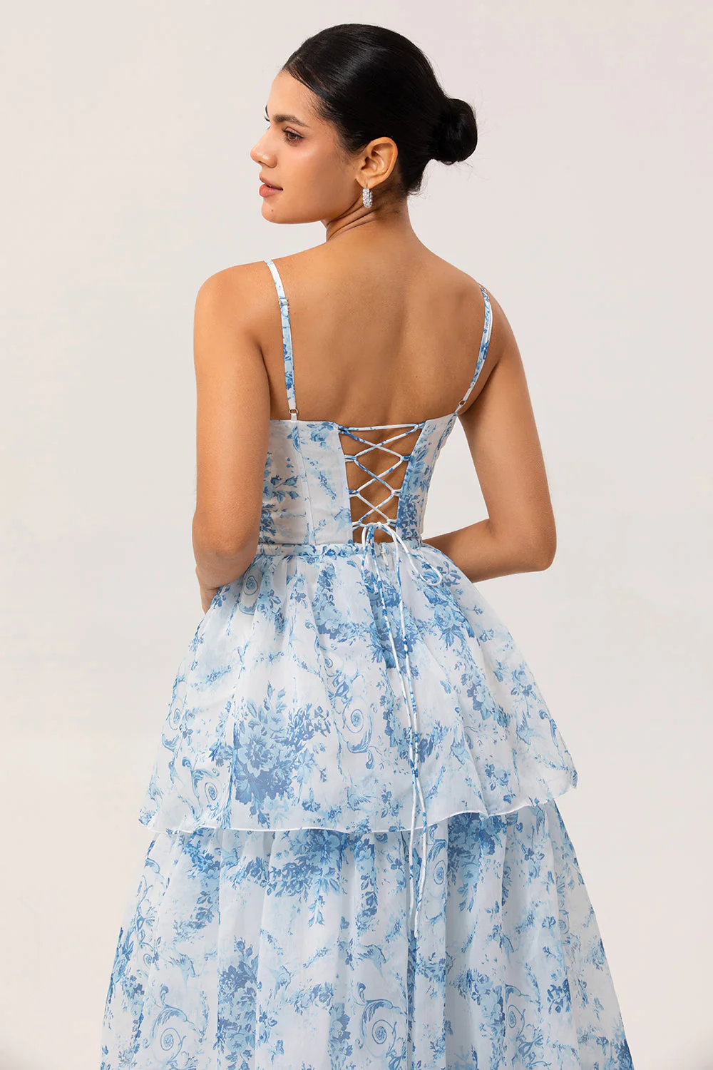 White Blue Flower A Line Printed Tiered Long Bridesmaid Dress with Slit - Image 6