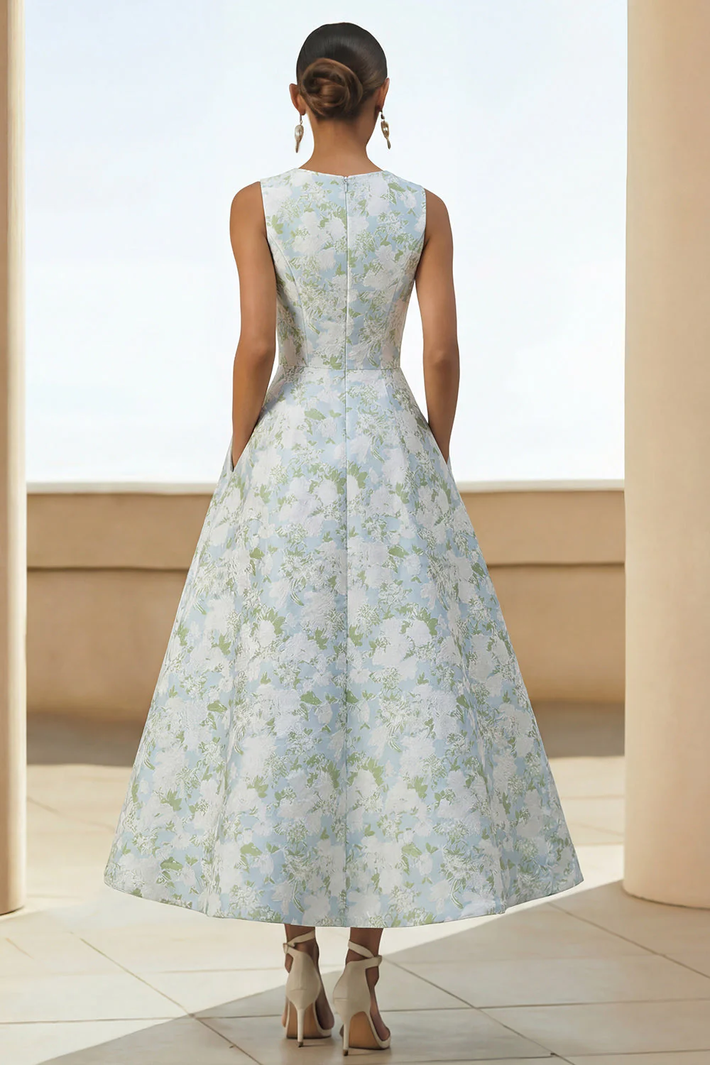 White Blue Flower A Line Round Neck Midi Dress with Pockets - Image 2