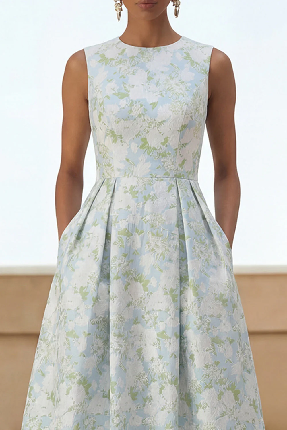 White Blue Flower A Line Round Neck Midi Dress with Pockets - Image 3