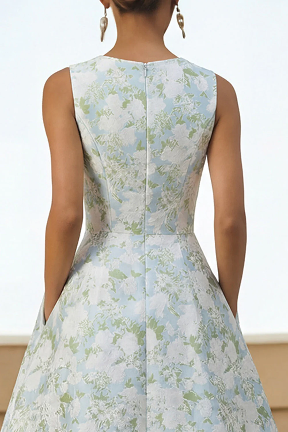 White Blue Flower A Line Round Neck Midi Dress with Pockets - Image 4