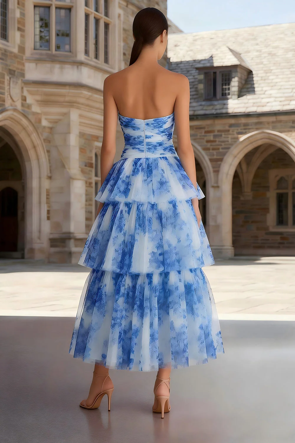 White Blue Flower A-Line Strapless Midi Dress with Ruffles - Image 2