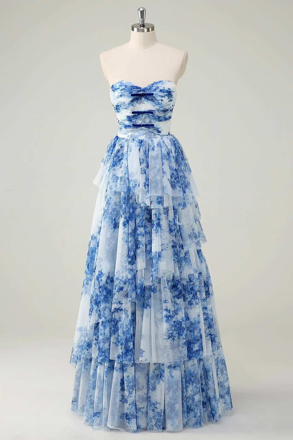 White Blue Flower A-Line Strapless Tiered Long Prom Dress with Bows - Image 4