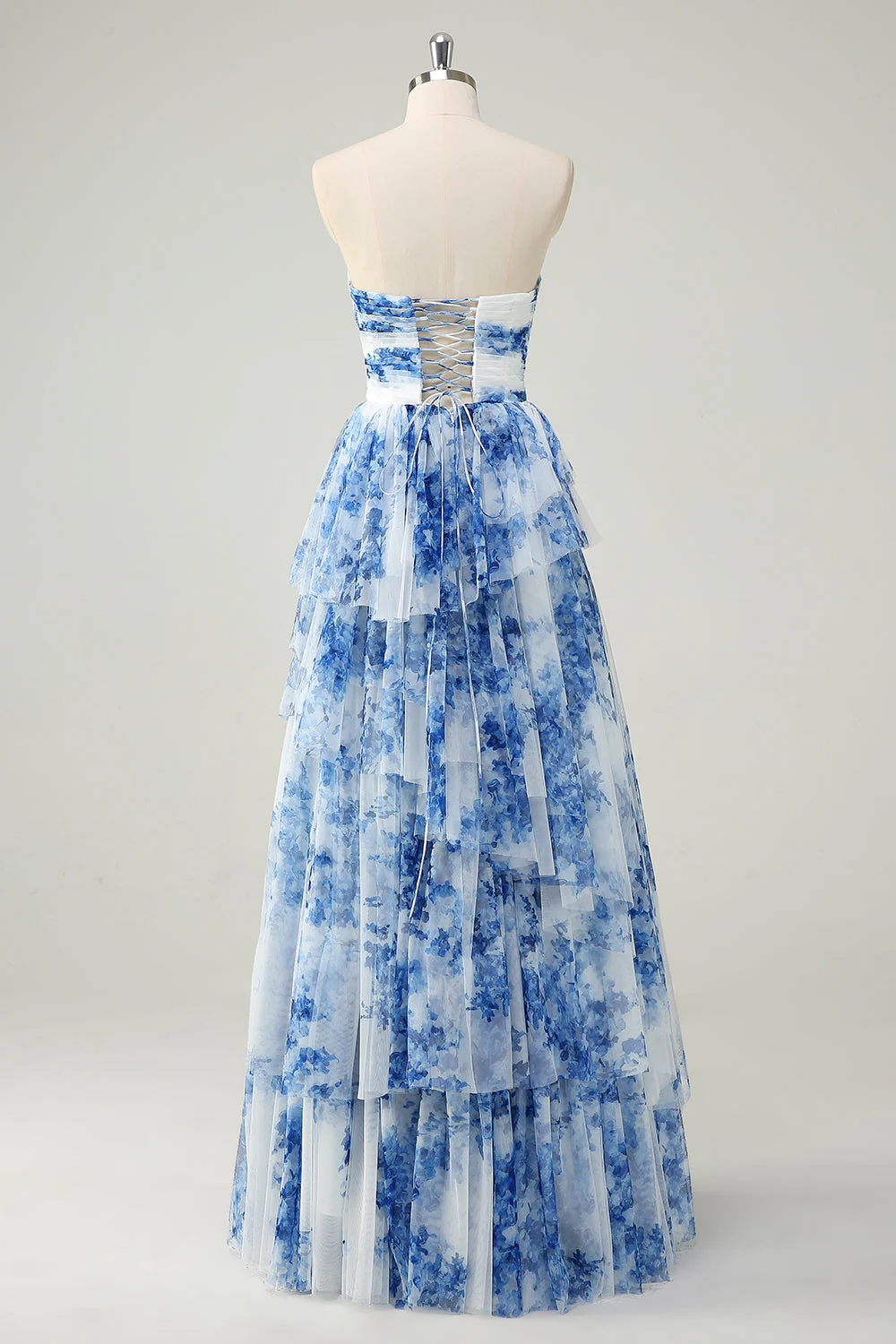 White Blue Flower A-Line Strapless Tiered Long Prom Dress with Bows - Image 5