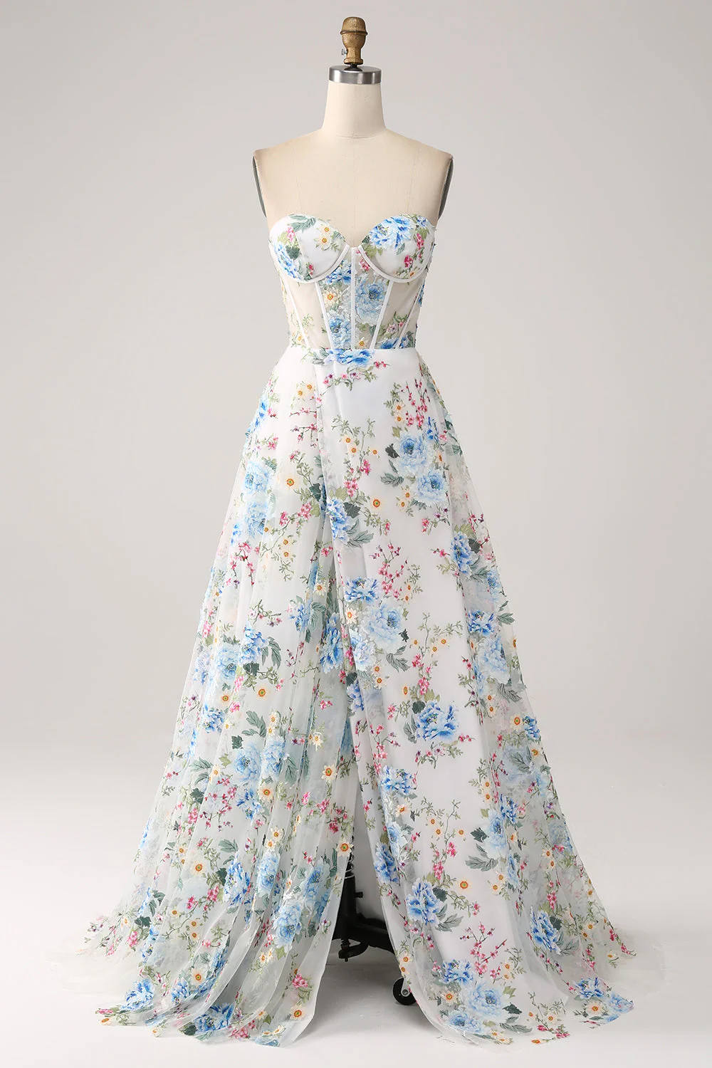 White Blue Flower A Line Sweetheart Corset Long Prom Dress with Slit - Image 3