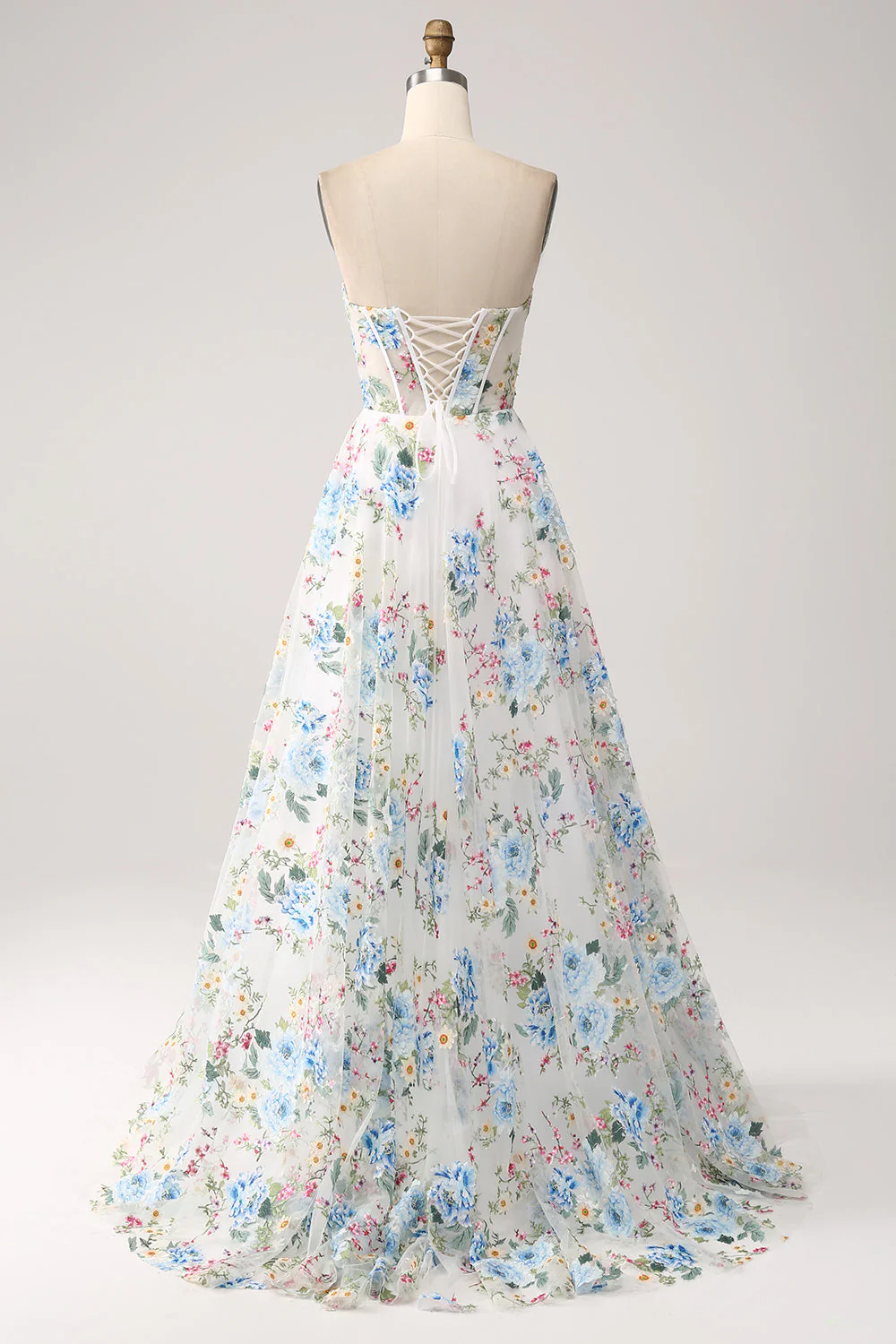 White Blue Flower A Line Sweetheart Corset Long Prom Dress with Slit - Image 4