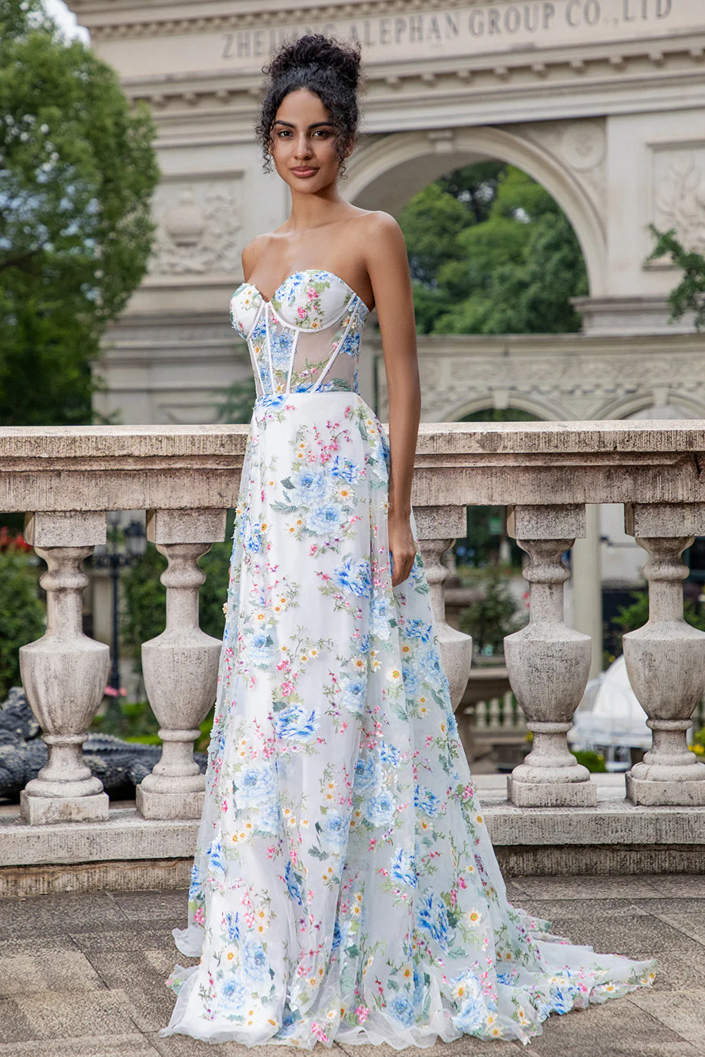 White Blue Flower A Line Sweetheart Corset Long Prom Dress with Slit - Image 6