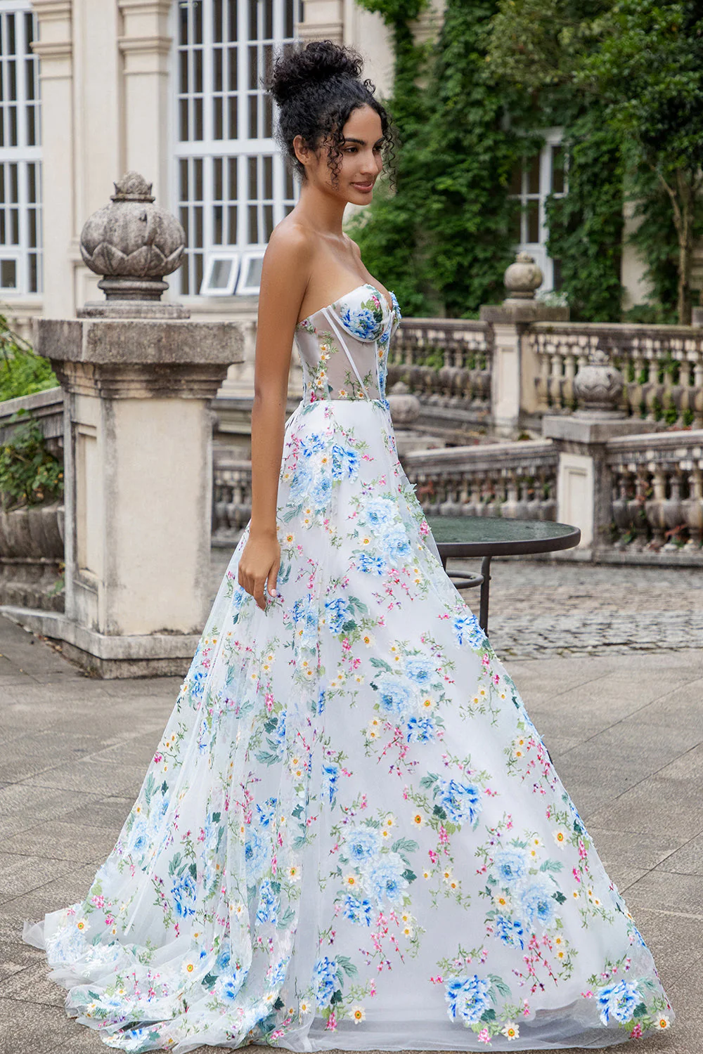 White Blue Flower A Line Sweetheart Corset Long Prom Dress with Slit - Image 7