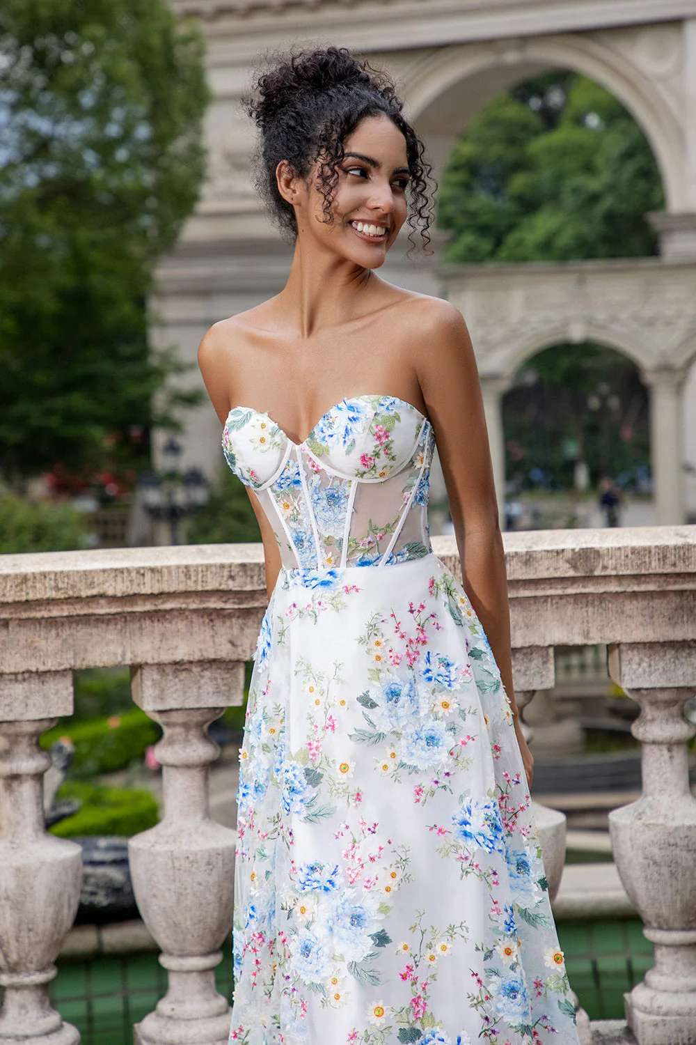 White Blue Flower A Line Sweetheart Corset Long Prom Dress with Slit - Image 8