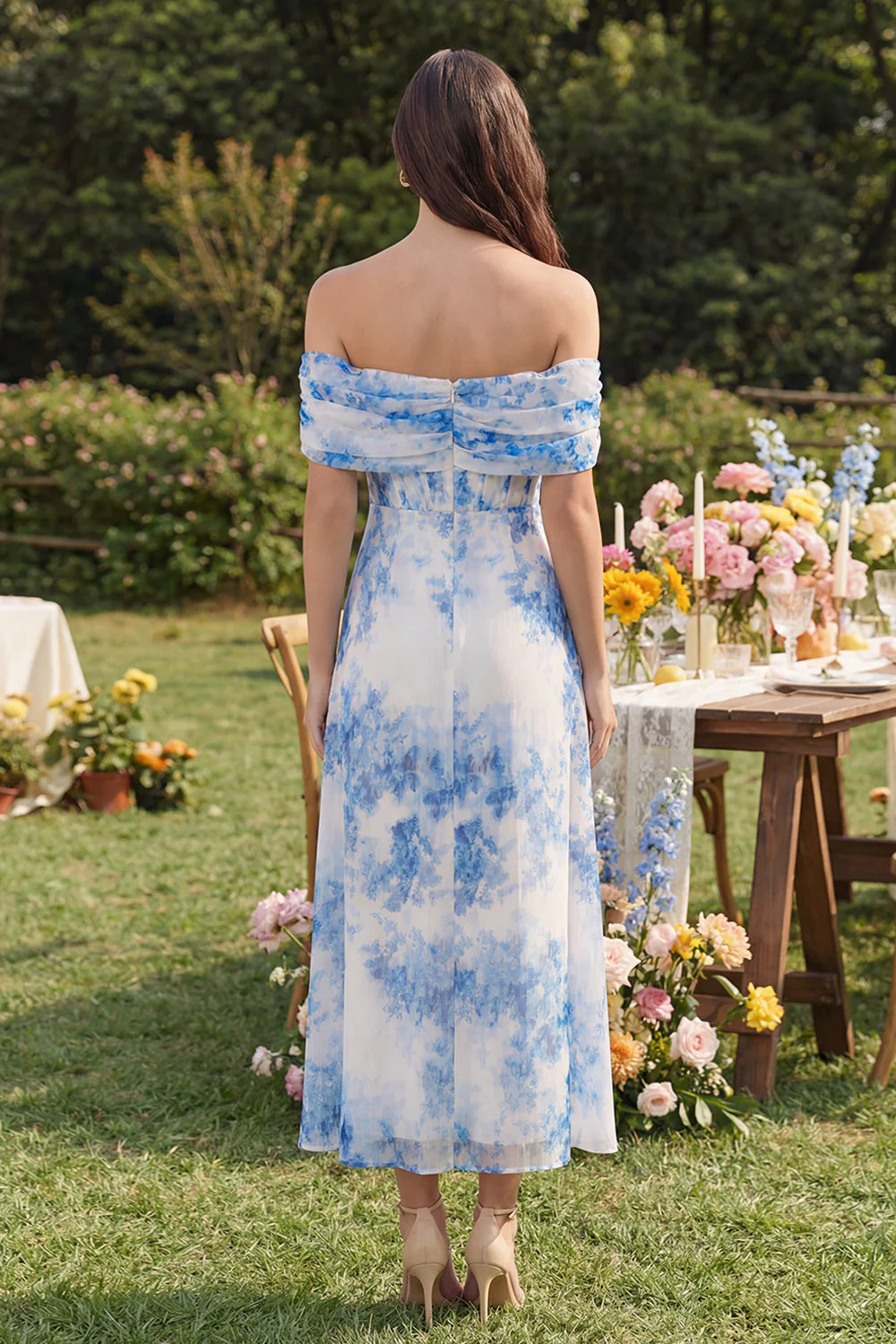 White Blue Flower A-Line Off the Shoulder Corset Midi Dress with Slit - Image 2