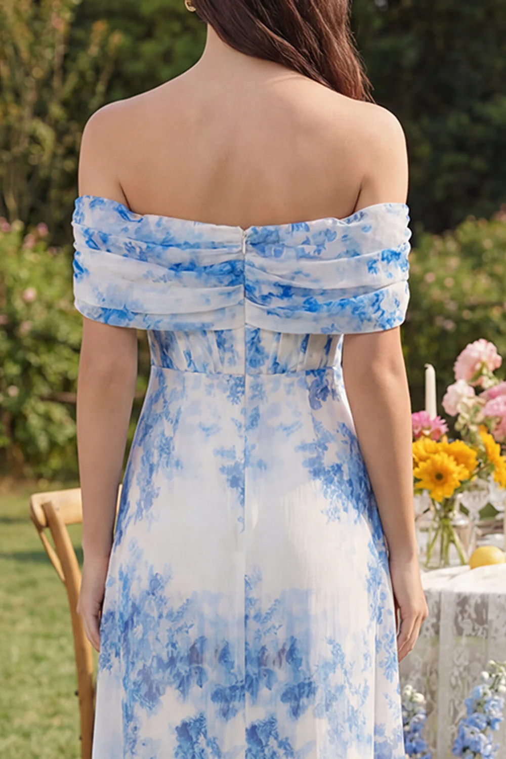 White Blue Flower A-Line Off the Shoulder Corset Midi Dress with Slit - Image 4