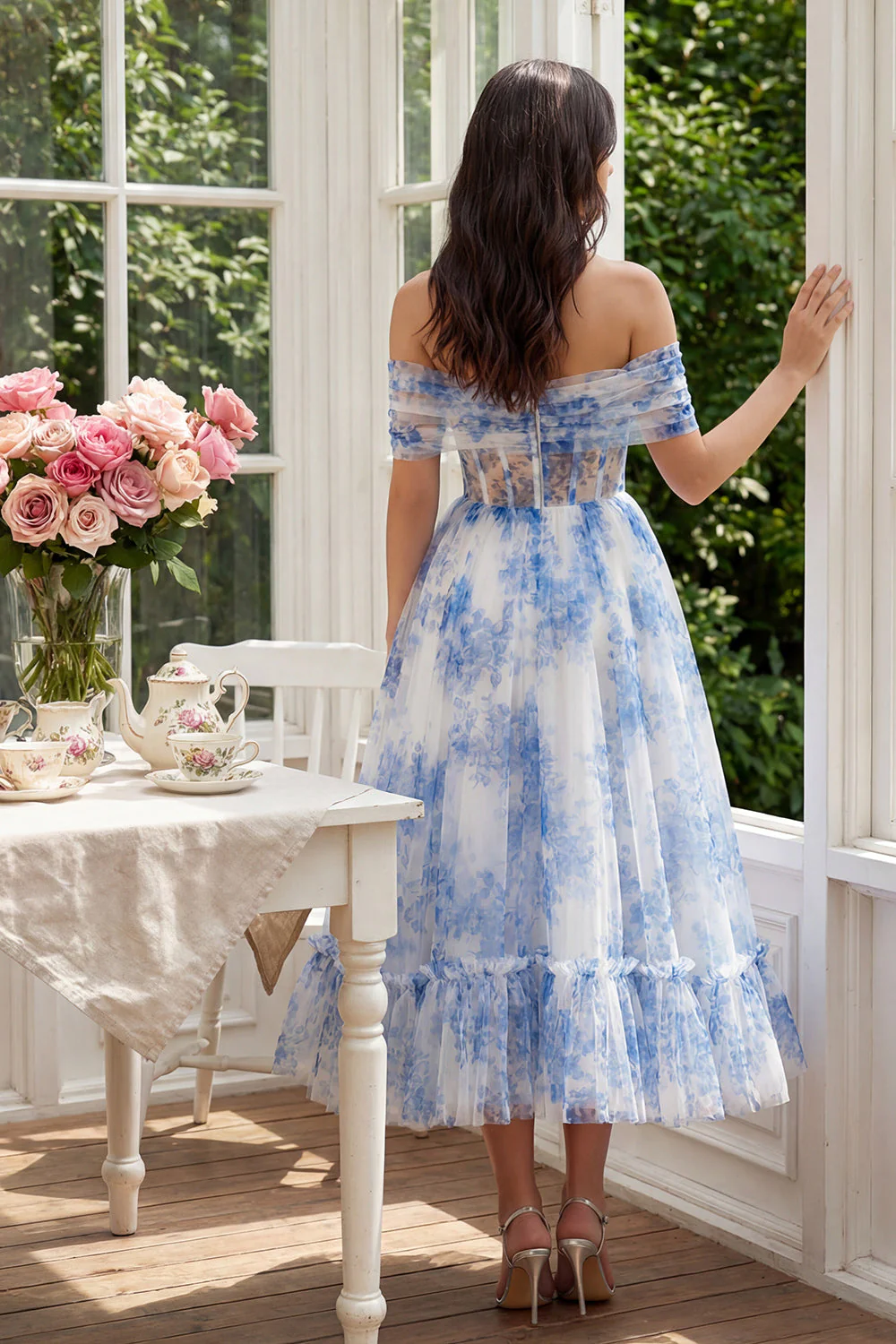 White Blue Flower Corset A-Line Tulle Off the Shoulder Midi Dress - Image 2