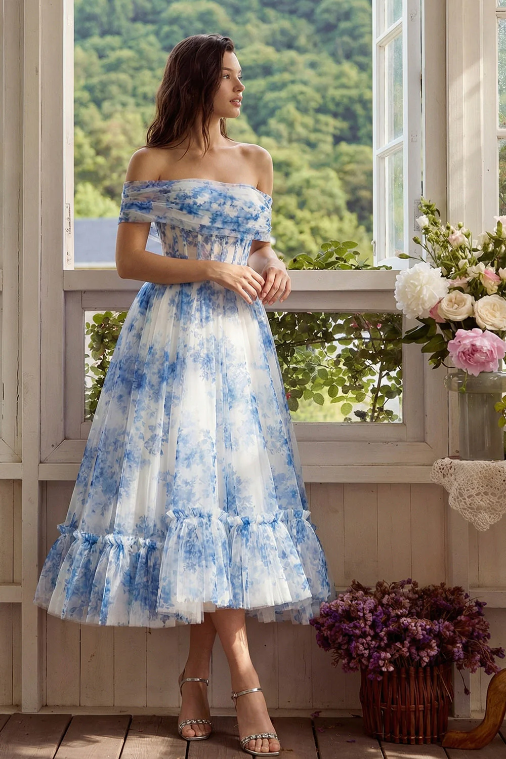 White Blue Flower Corset A-Line Tulle Off the Shoulder Midi Dress - Image 4