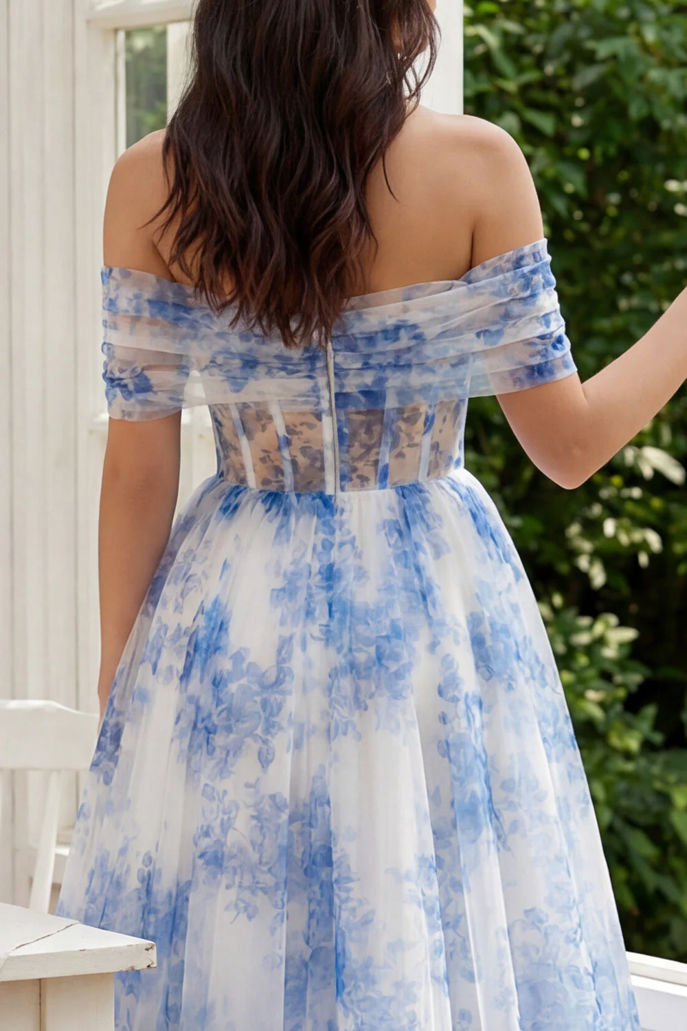 White Blue Flower Corset A-Line Tulle Off the Shoulder Midi Dress - Image 6