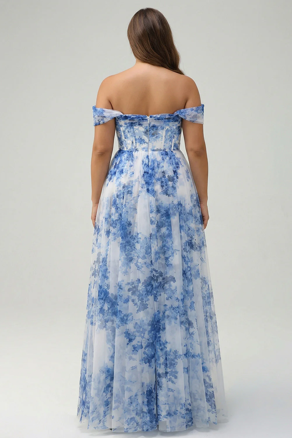 White Blue Flower Off the Shoulder Corset A-Line Plus Size Bridesmaid Dress with Slit - Image 2