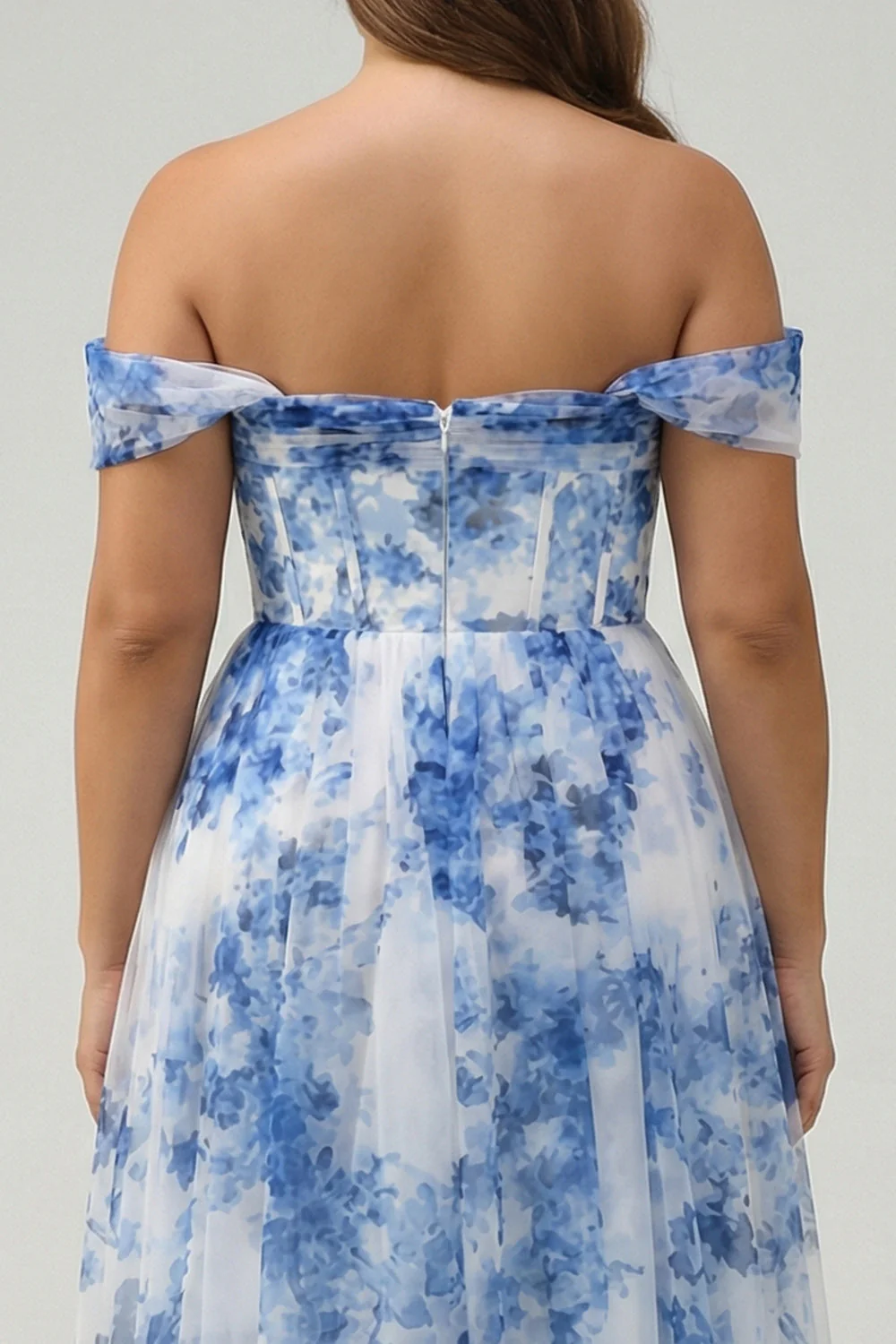 White Blue Flower Off the Shoulder Corset A-Line Plus Size Bridesmaid Dress with Slit - Image 4