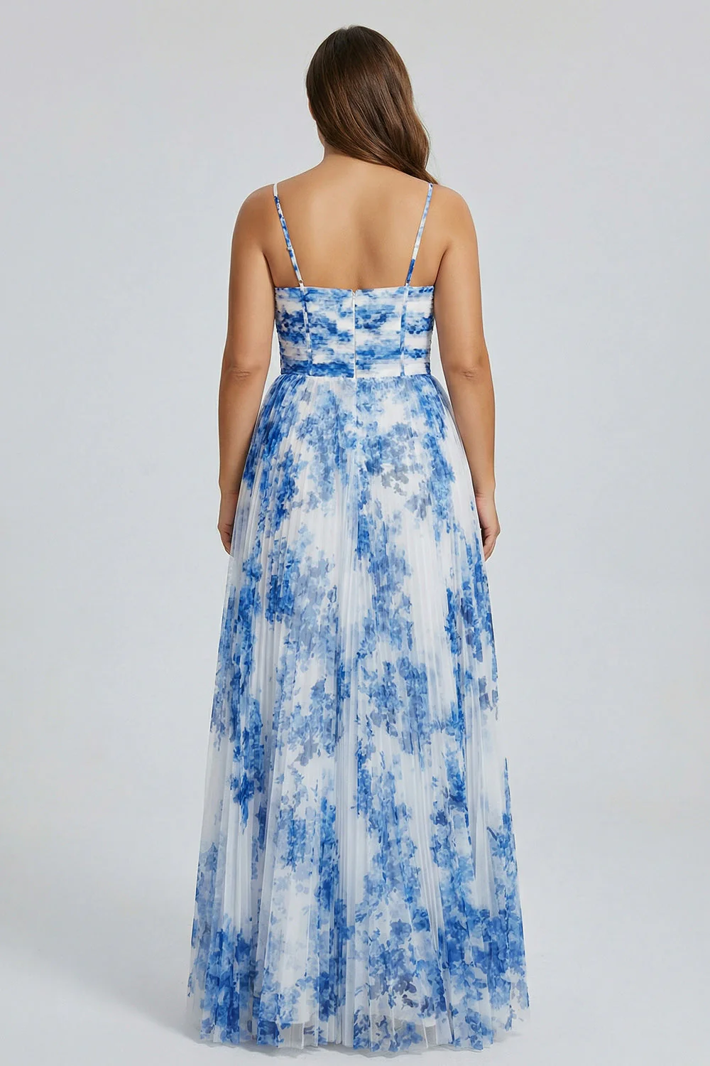 White Blue Flower Spaghetti Straps A-Line Pleated Plus Size Bridesmaid Dress - Image 2