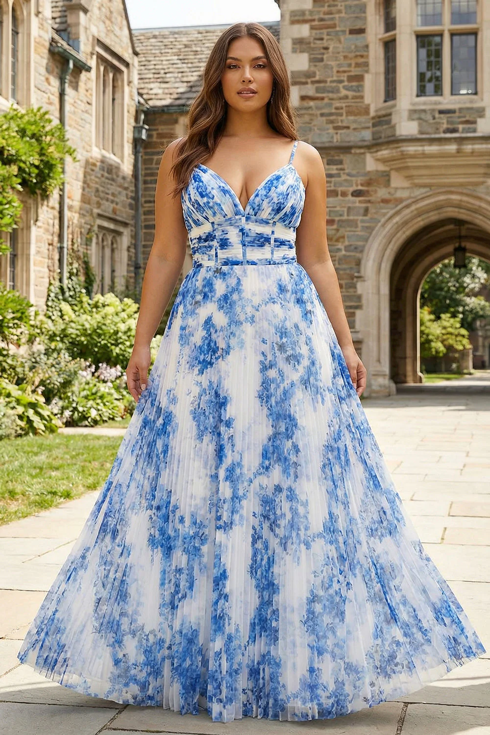 White Blue Flower Spaghetti Straps A-Line Pleated Plus Size Bridesmaid Dress - Image 5