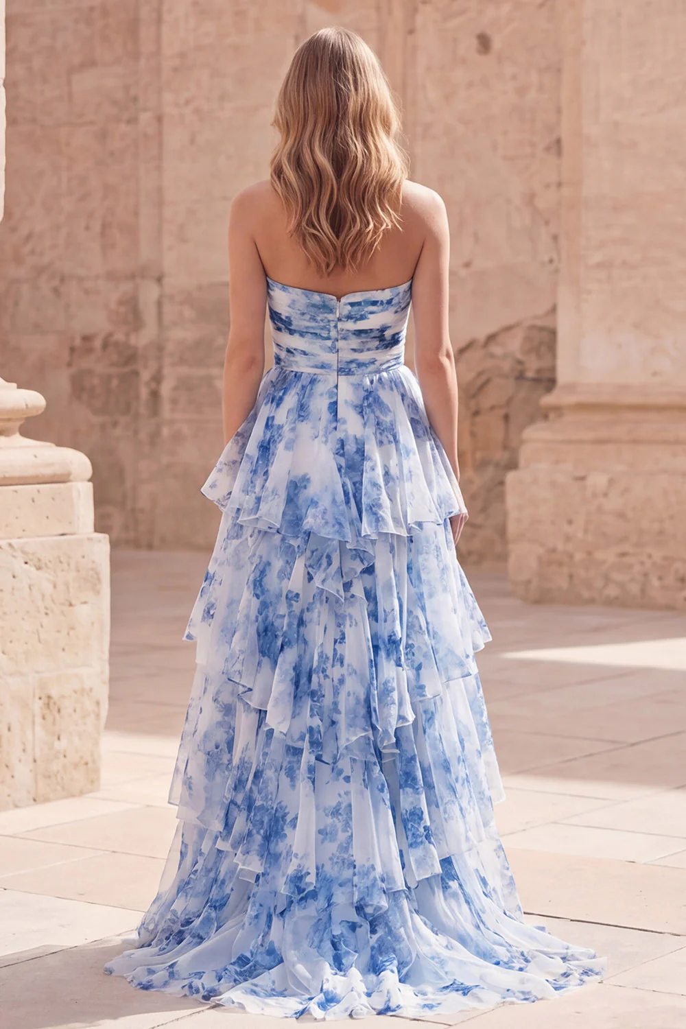 White Blue Flower Strapless A-Line Tiered Ruffle Long Prom Dress with Slit - Image 2