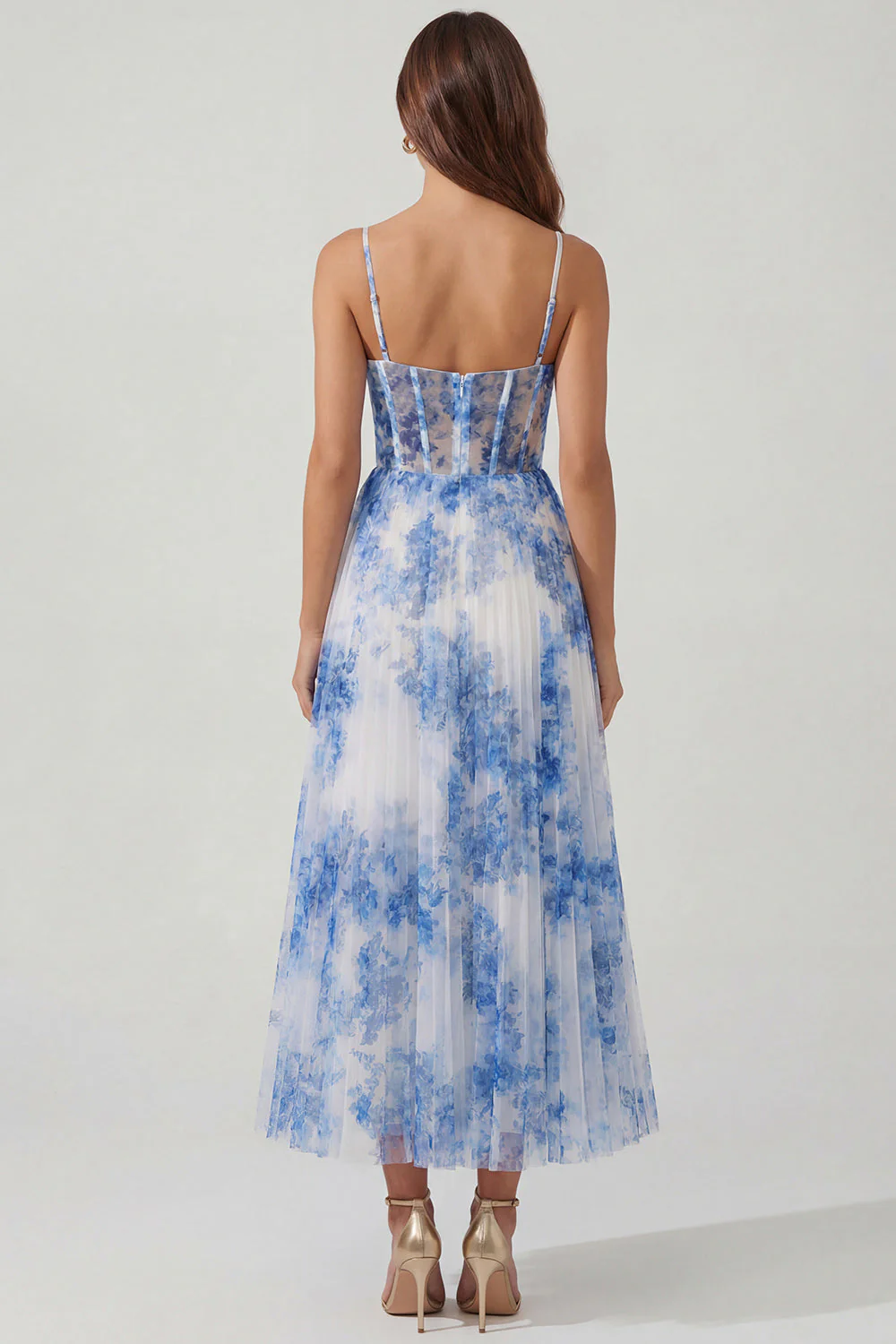 White Blue Flower A-Line Tulle Corset Spaghetti Straps Midi Dress - Image 2