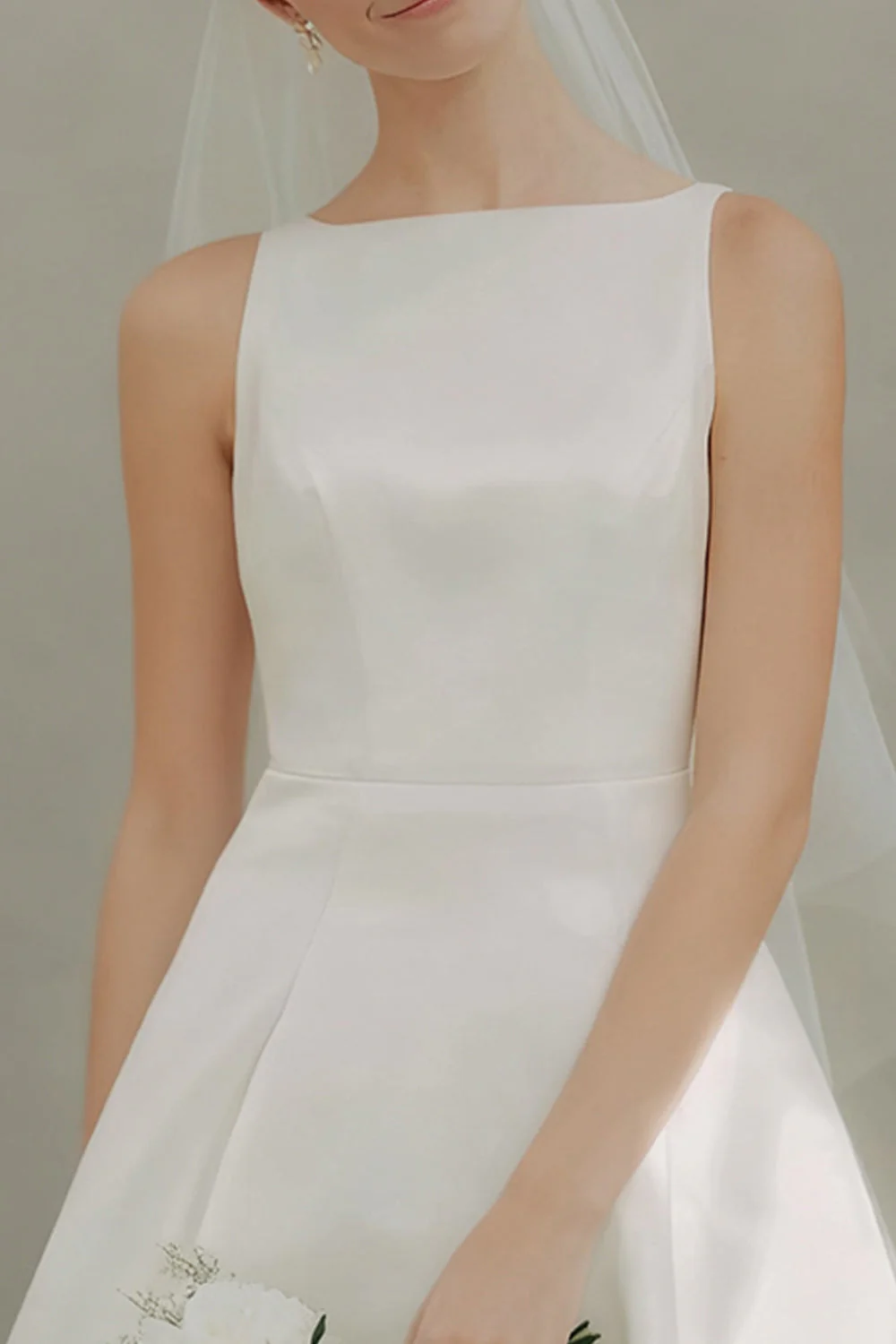 White Boat Neck A Line Short Courthouse Wedding Dress - Image 2