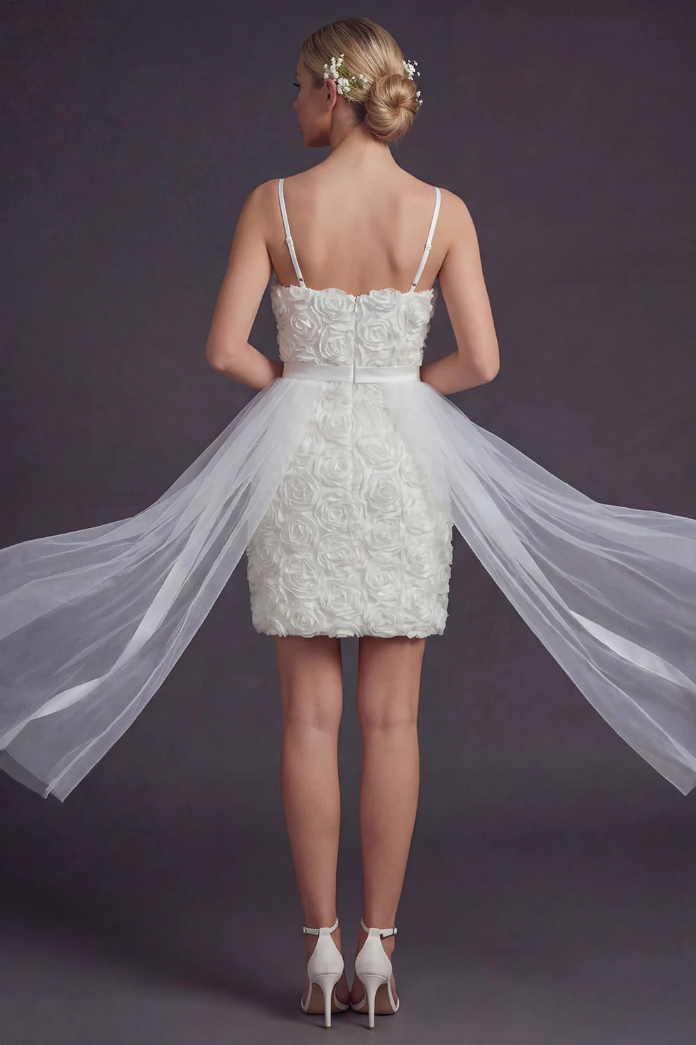 White Bodycon 3D Flowers Spaghetti Straps Short Wedding Dress with Streamer - Image 2