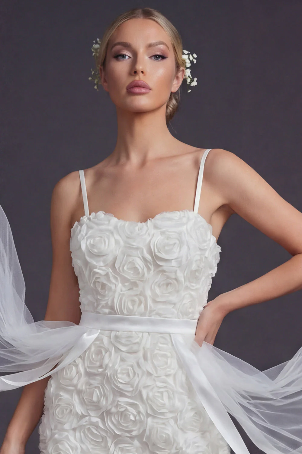 White Bodycon 3D Flowers Spaghetti Straps Short Wedding Dress with Streamer - Image 3