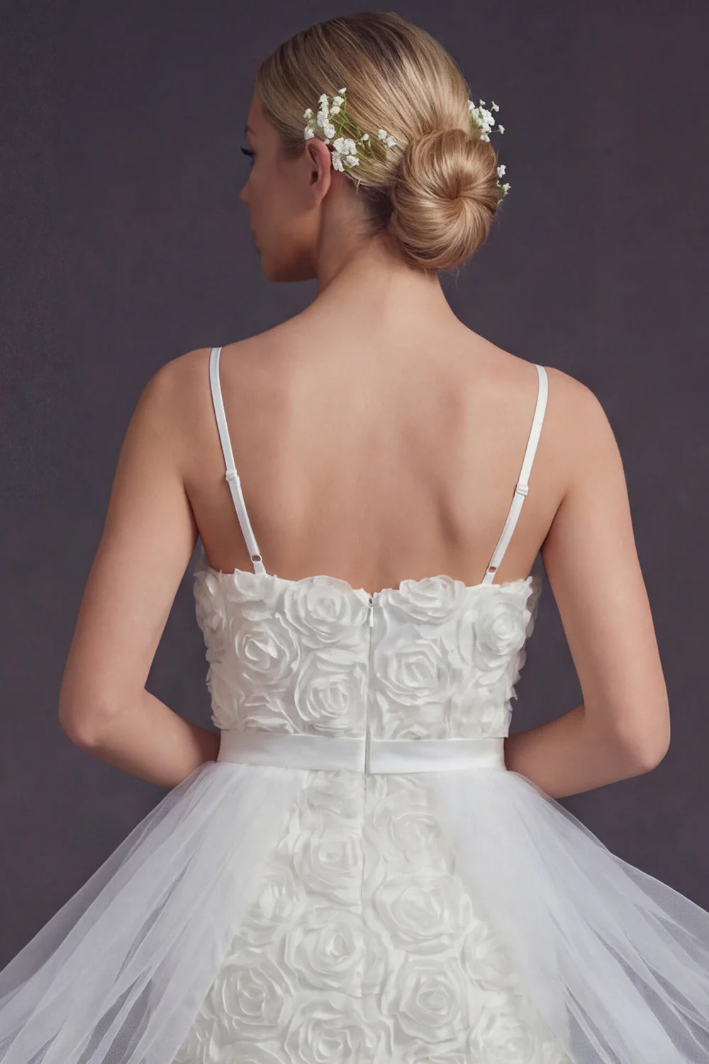 White Bodycon 3D Flowers Spaghetti Straps Short Wedding Dress with Streamer - Image 4
