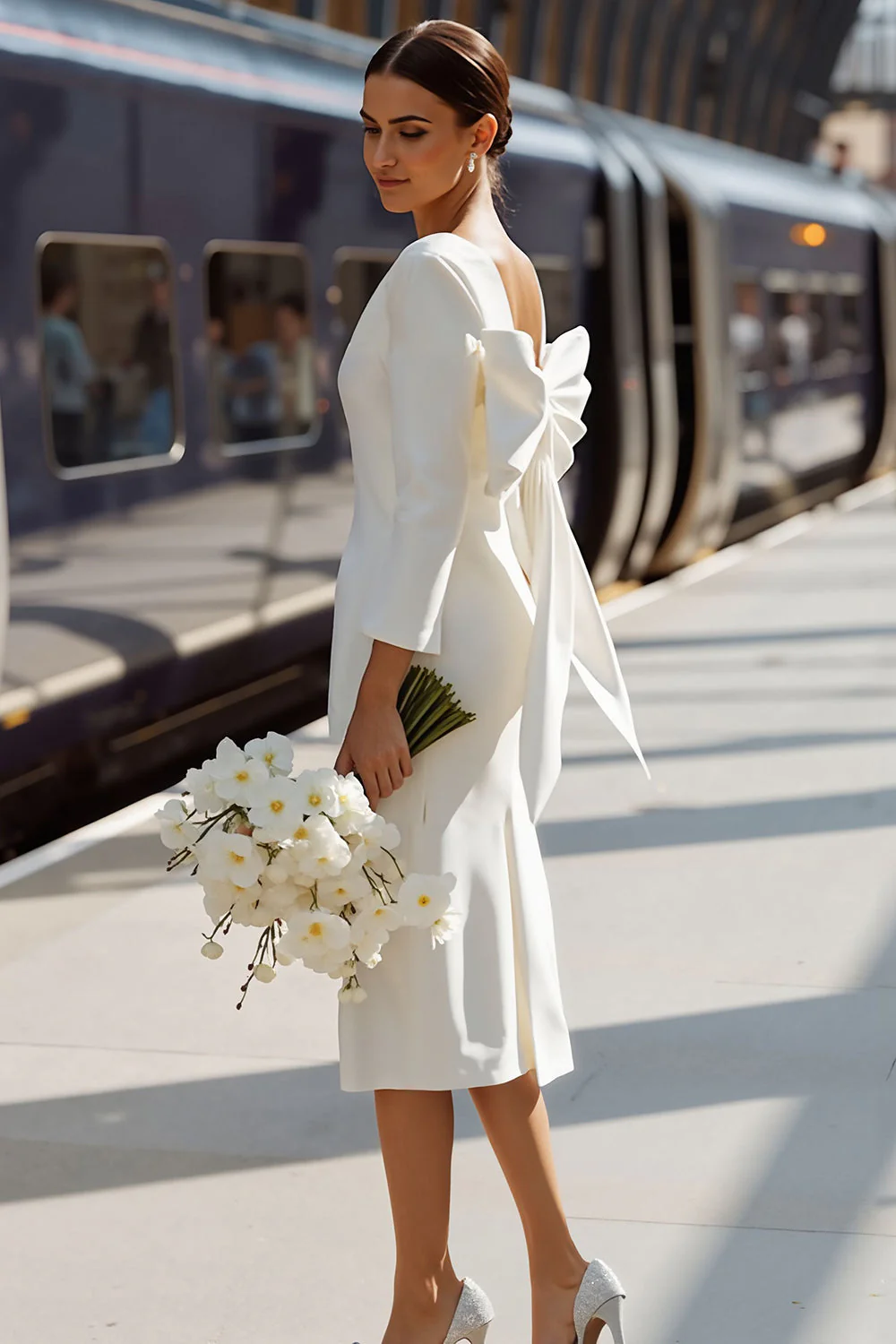 White Bodycon Round Neck Long Sleeve Midi Wedding Dress with Bow - Image 3