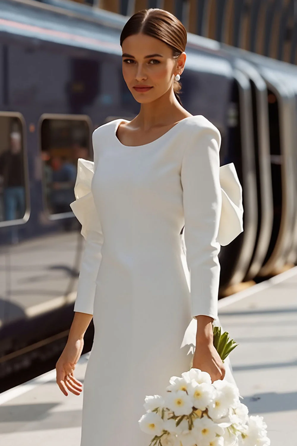 White Bodycon Round Neck Long Sleeve Midi Wedding Dress with Bow - Image 4