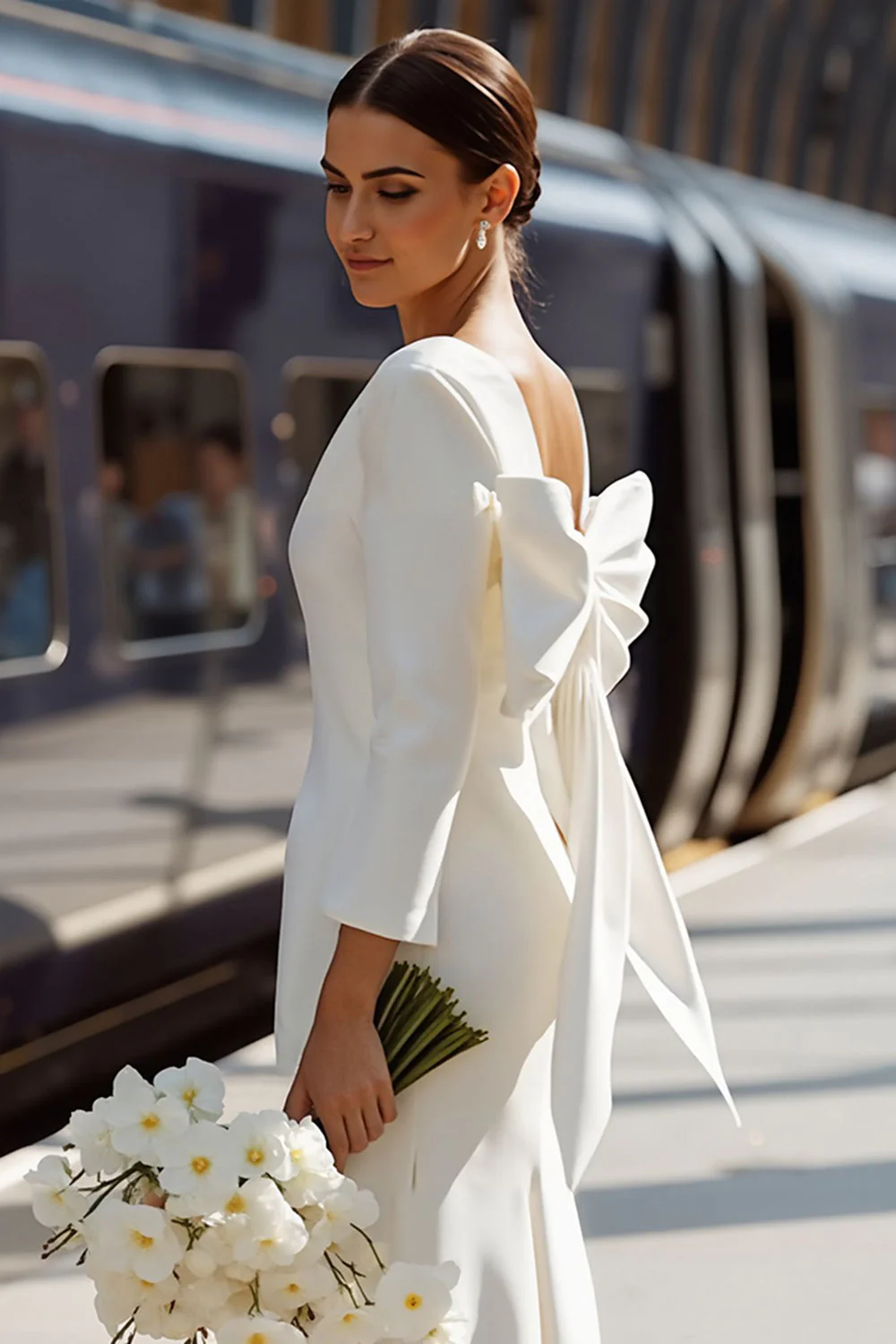 White Bodycon Round Neck Long Sleeve Midi Wedding Dress with Bow - Image 6