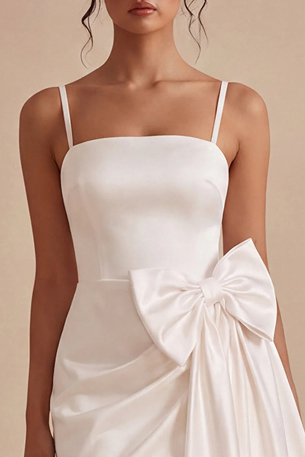 White Bodycon Spaghetti Straps Bridal Shower Dress with Bow - Image 3