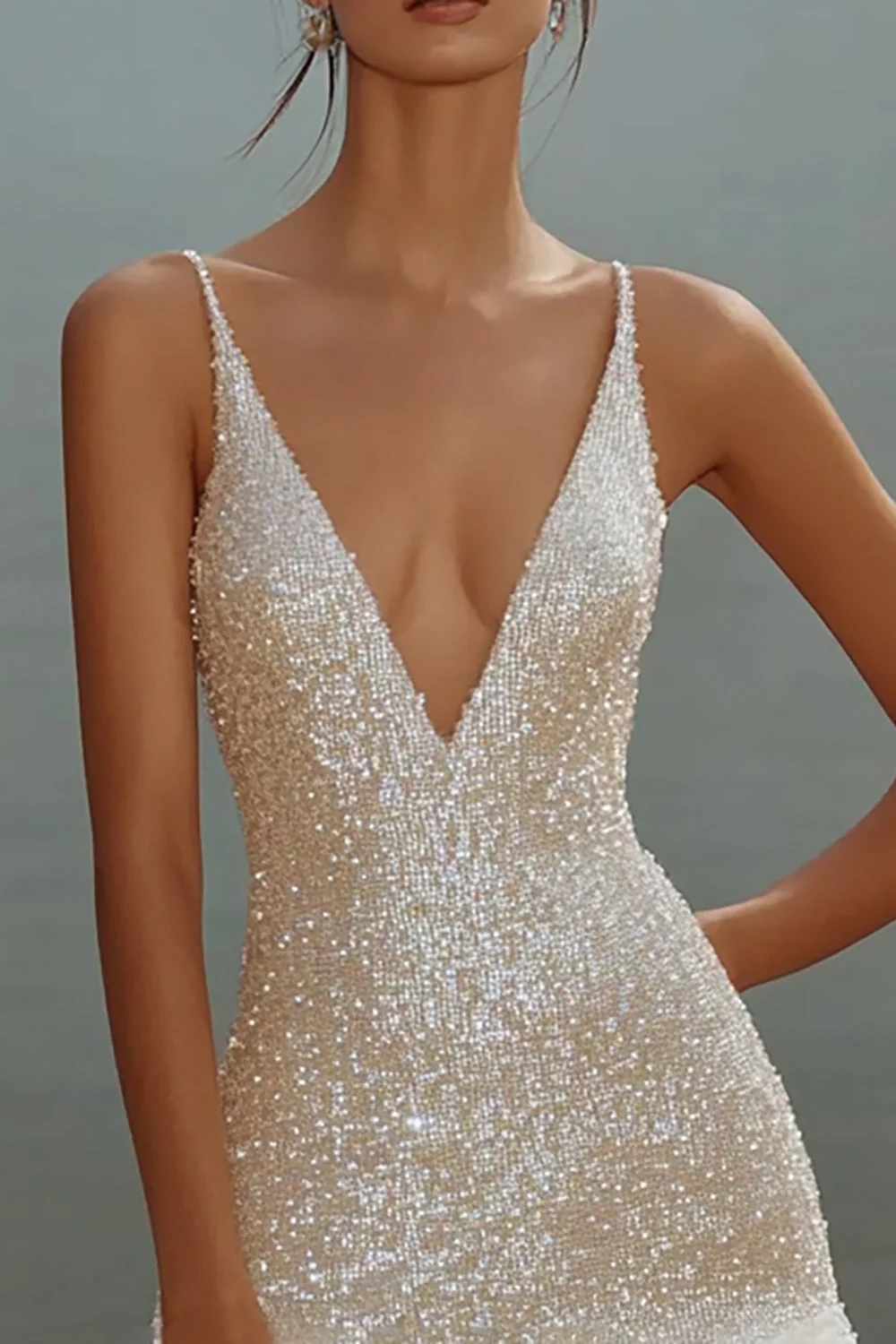 White Bodycon Spaghetti Straps Sequin Short Graduation Dress - Image 3