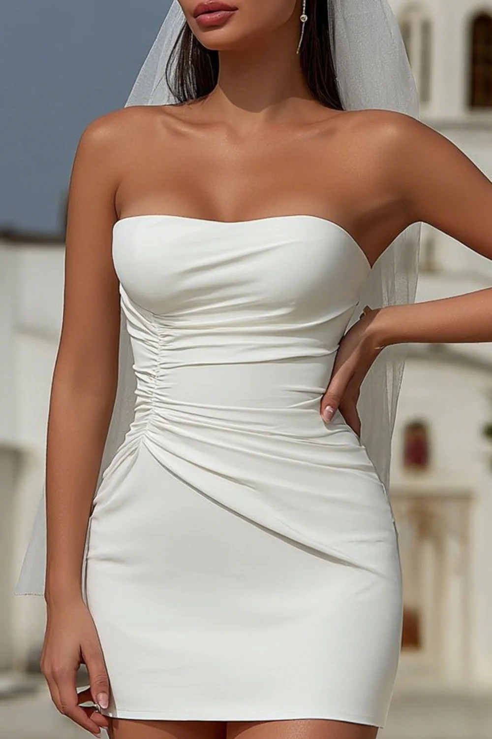 White Bodycon Strapless Ruched Short Wedding Dress - Image 3