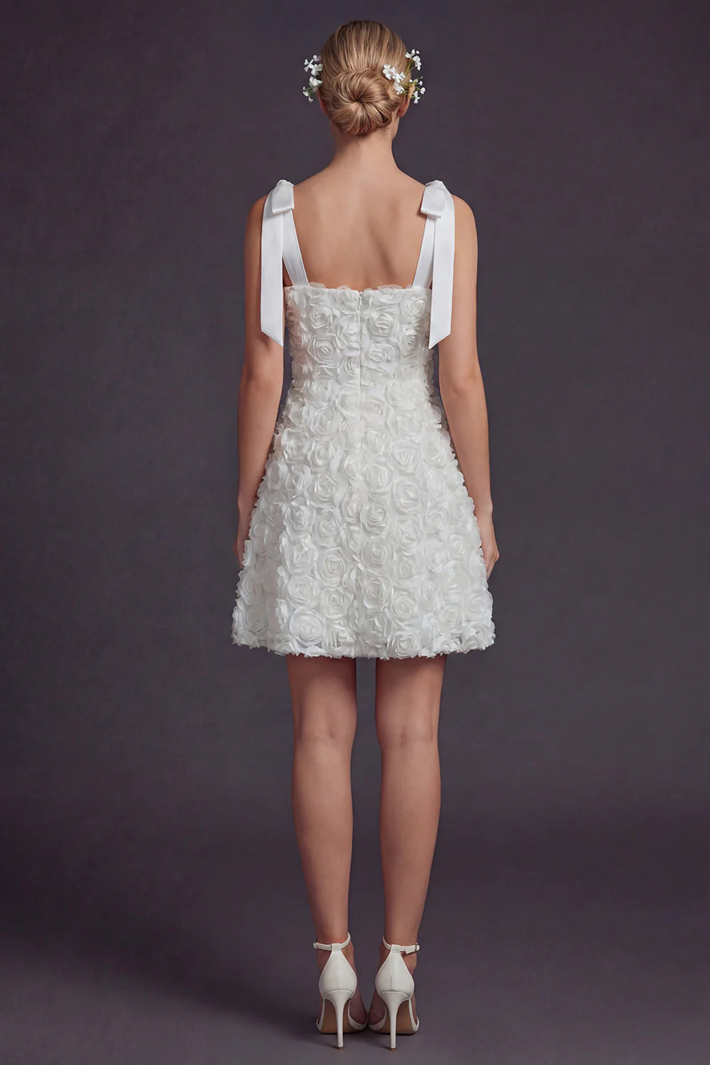 White Bow Straps A Line Short Wedding Dress with 3D Flowers - Image 2