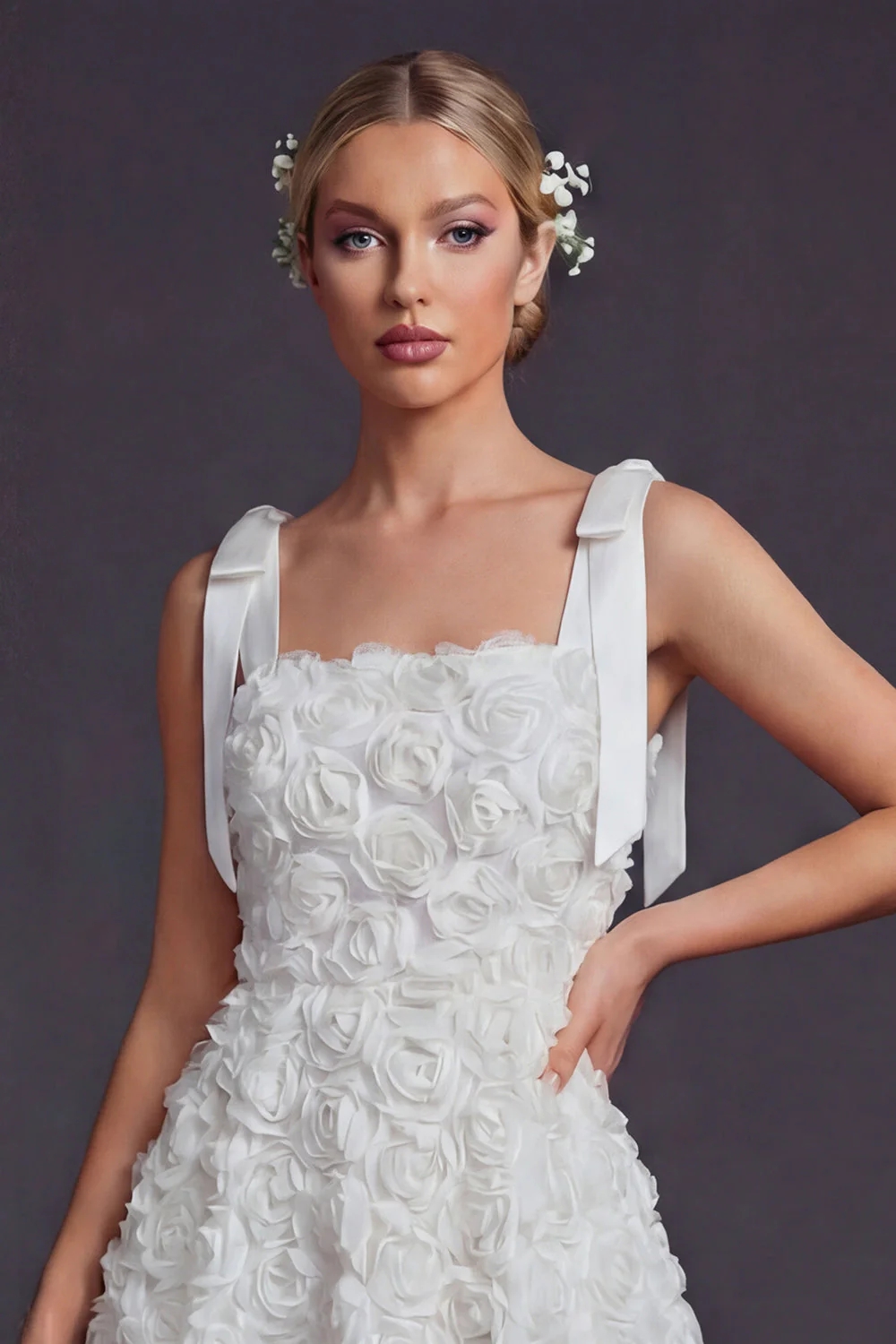 White Bow Straps A Line Short Wedding Dress with 3D Flowers - Image 3