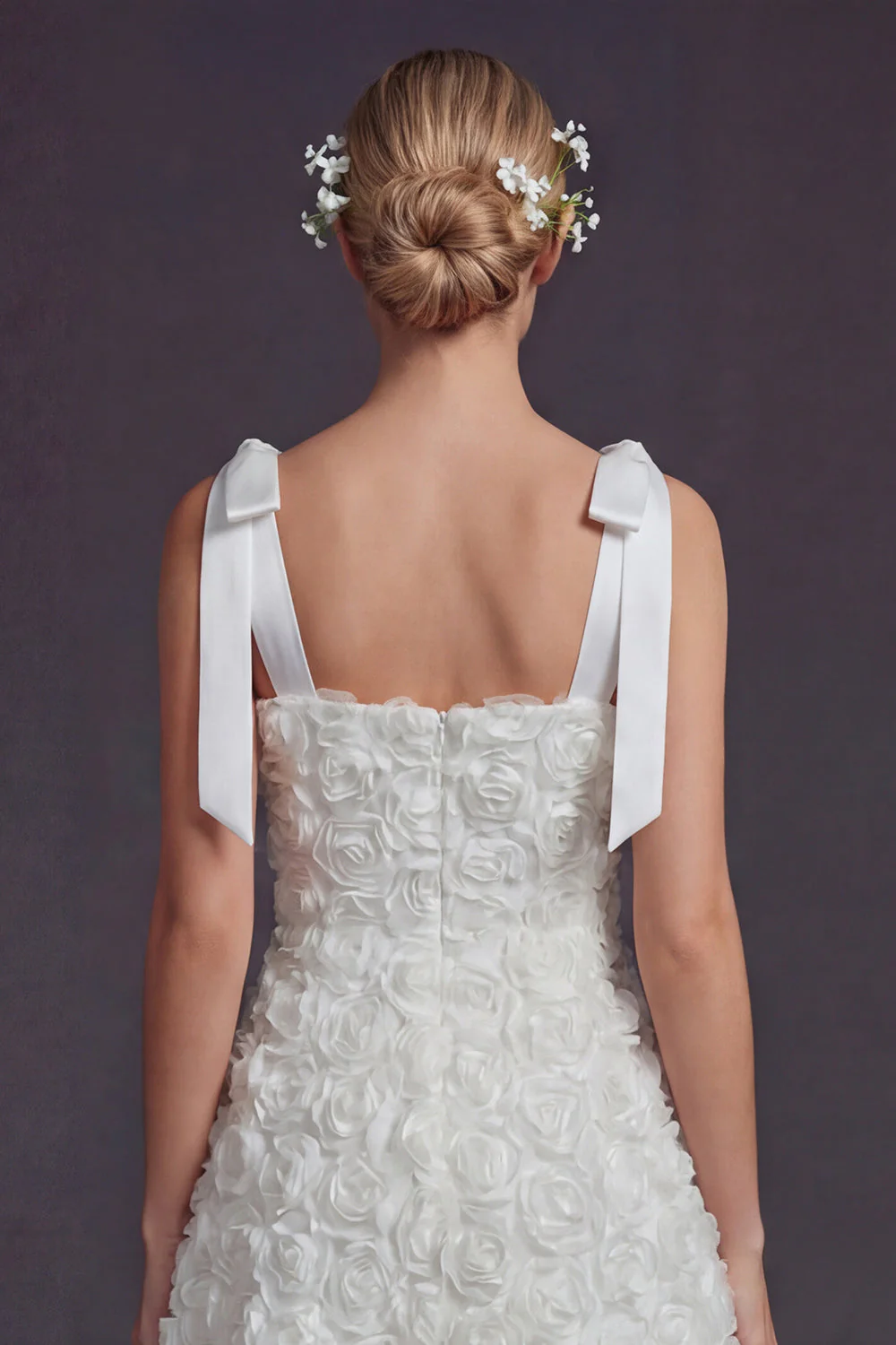White Bow Straps A Line Short Wedding Dress with 3D Flowers - Image 4