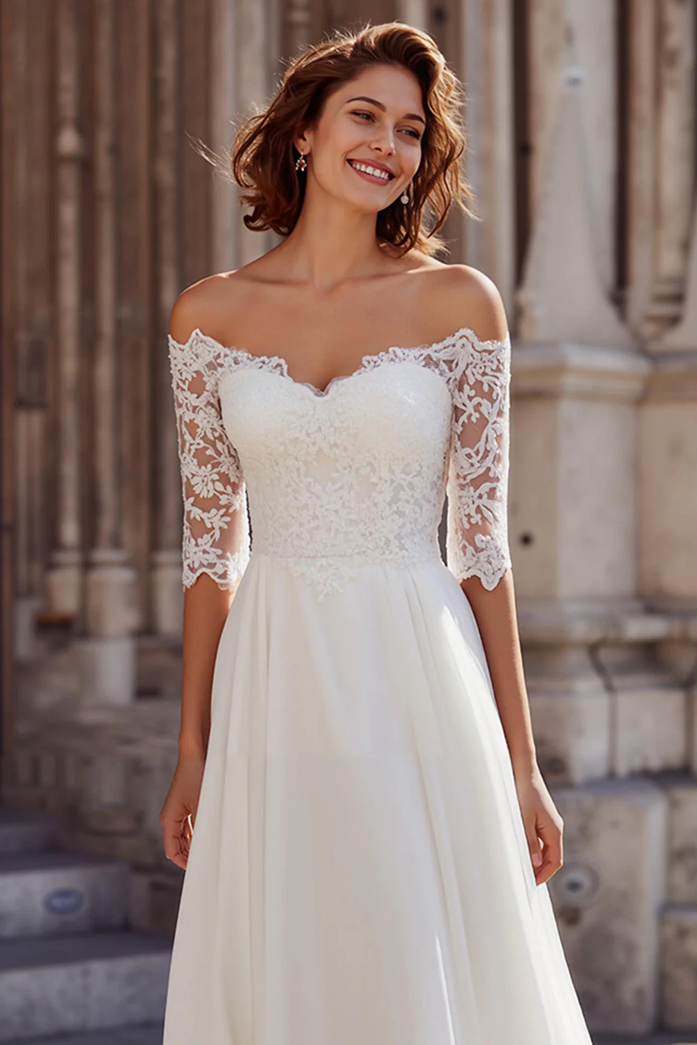 White Chiffon A-Line Off the Shoulder Sweep Train Wedding Dress with Lace - Image 2