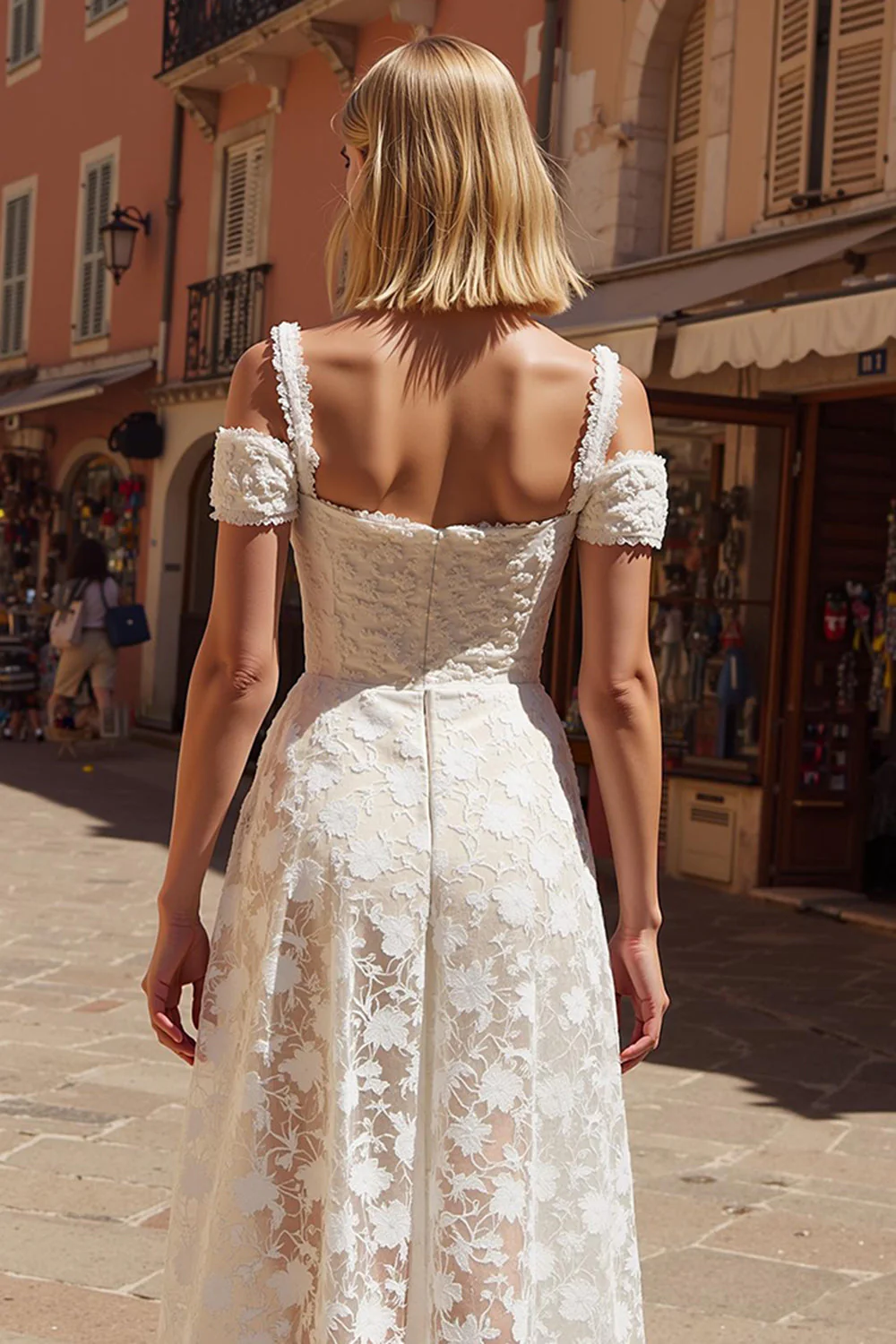 White Cold Shoulder A-Line Lace Appliqued Midi Wedding Dress - Image 4