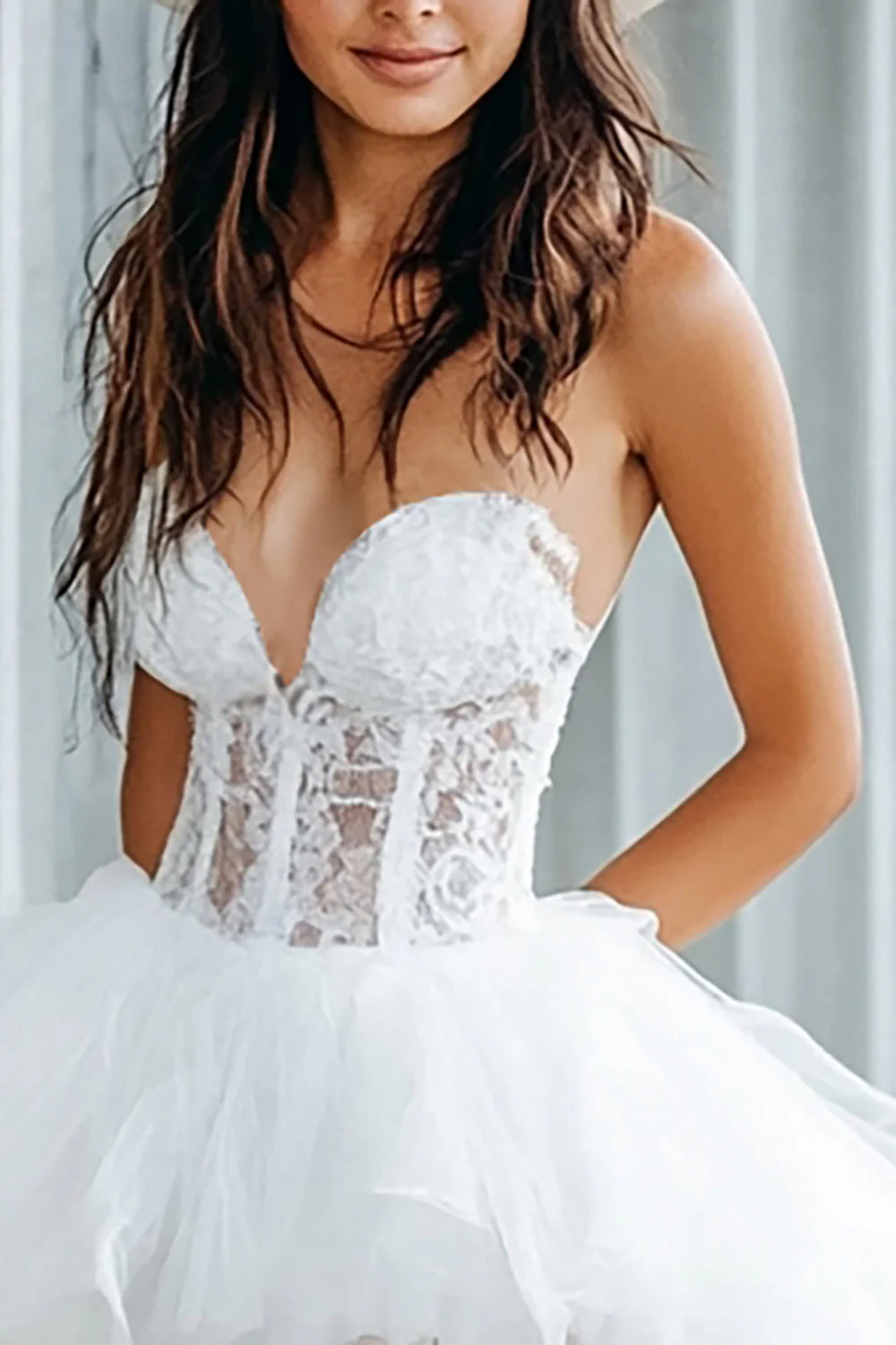 White Corset Lace High-Low Wedding Dress - Image 2