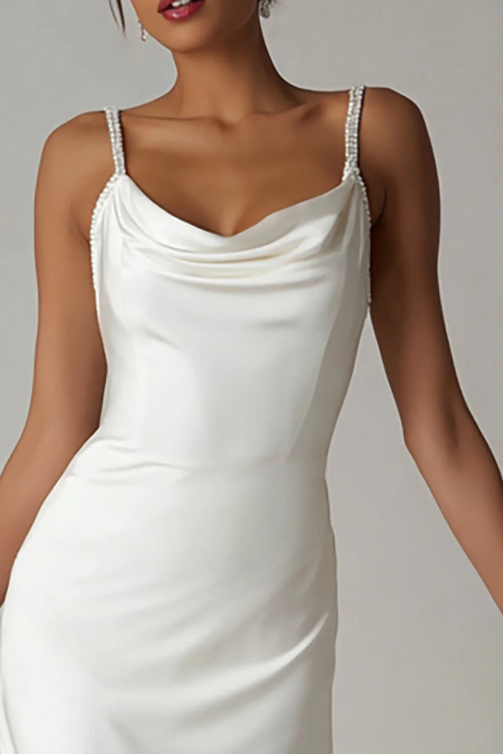 White Cowl Neck Satin High-Low Rehearsal Dinner Dress - Image 2